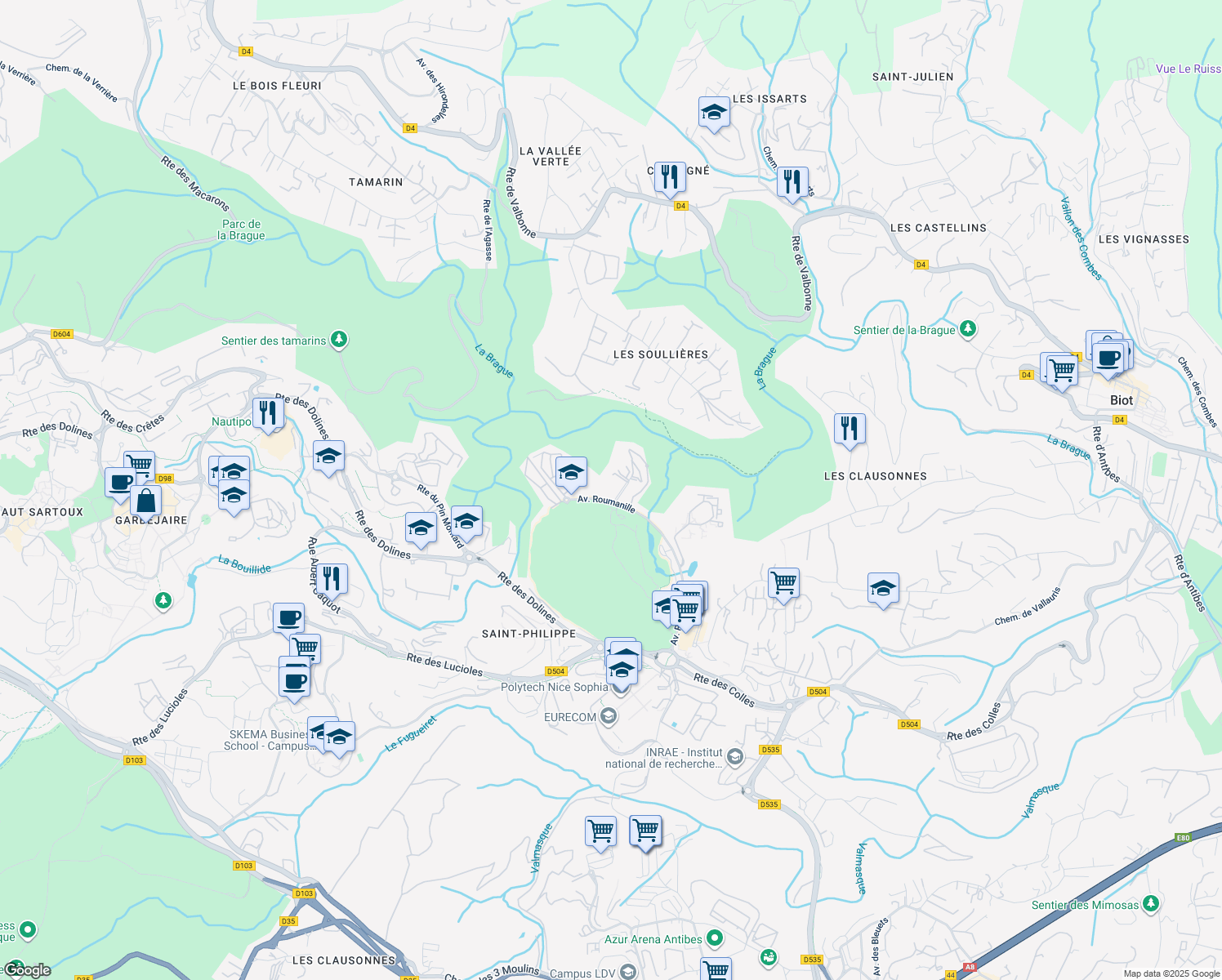 map of restaurants, bars, coffee shops, grocery stores, and more near 750 Avenue Roumanille in Biot
