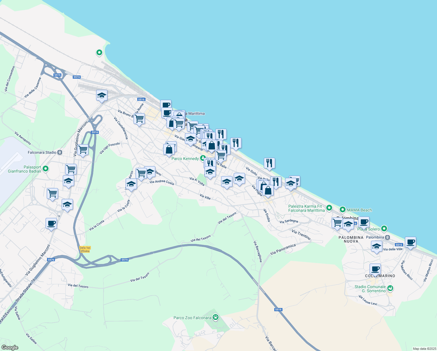 map of restaurants, bars, coffee shops, grocery stores, and more near 16 Via Volturno in Falconara Marittima