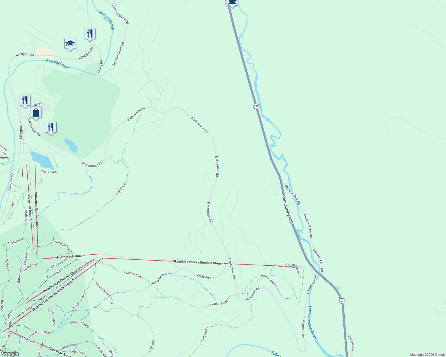 map of restaurants, bars, coffee shops, grocery stores, and more near 2311 East Mountain Road in Killington