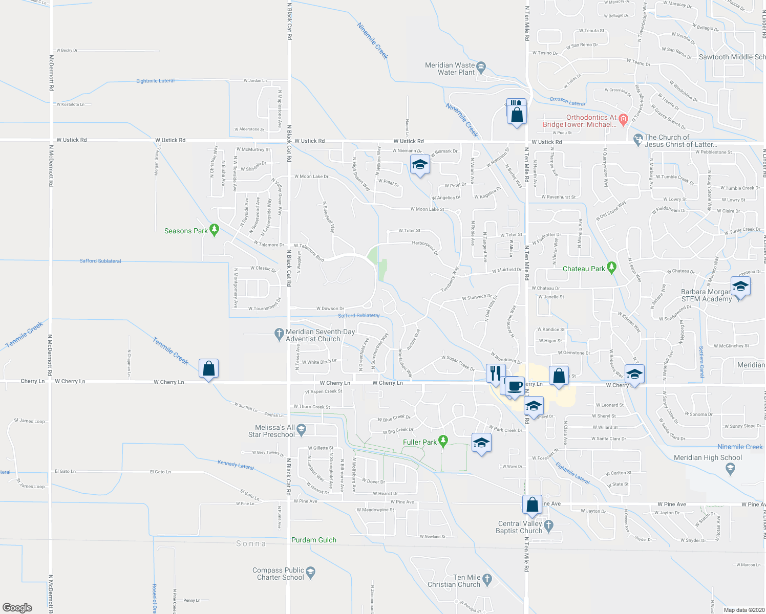 map of restaurants, bars, coffee shops, grocery stores, and more near 4170 West Brenda Lane in Meridian