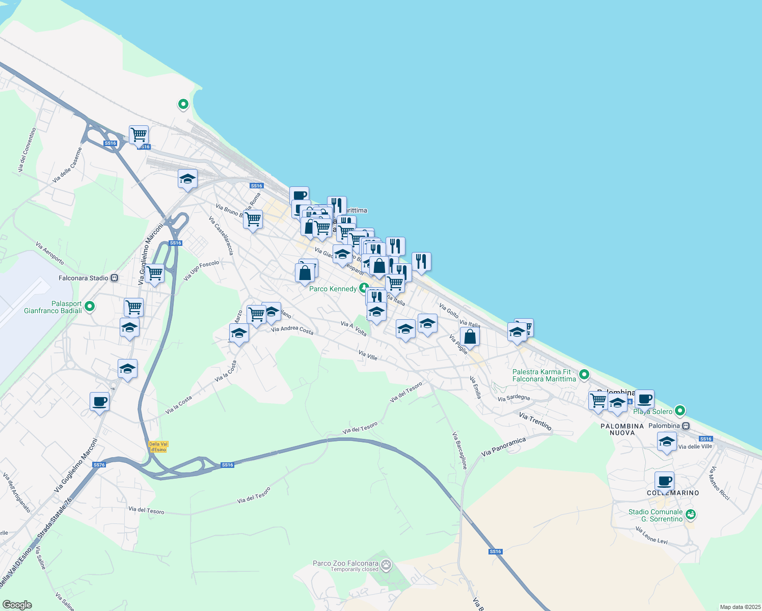 map of restaurants, bars, coffee shops, grocery stores, and more near 6 Via Isonzo in Falconara Marittima
