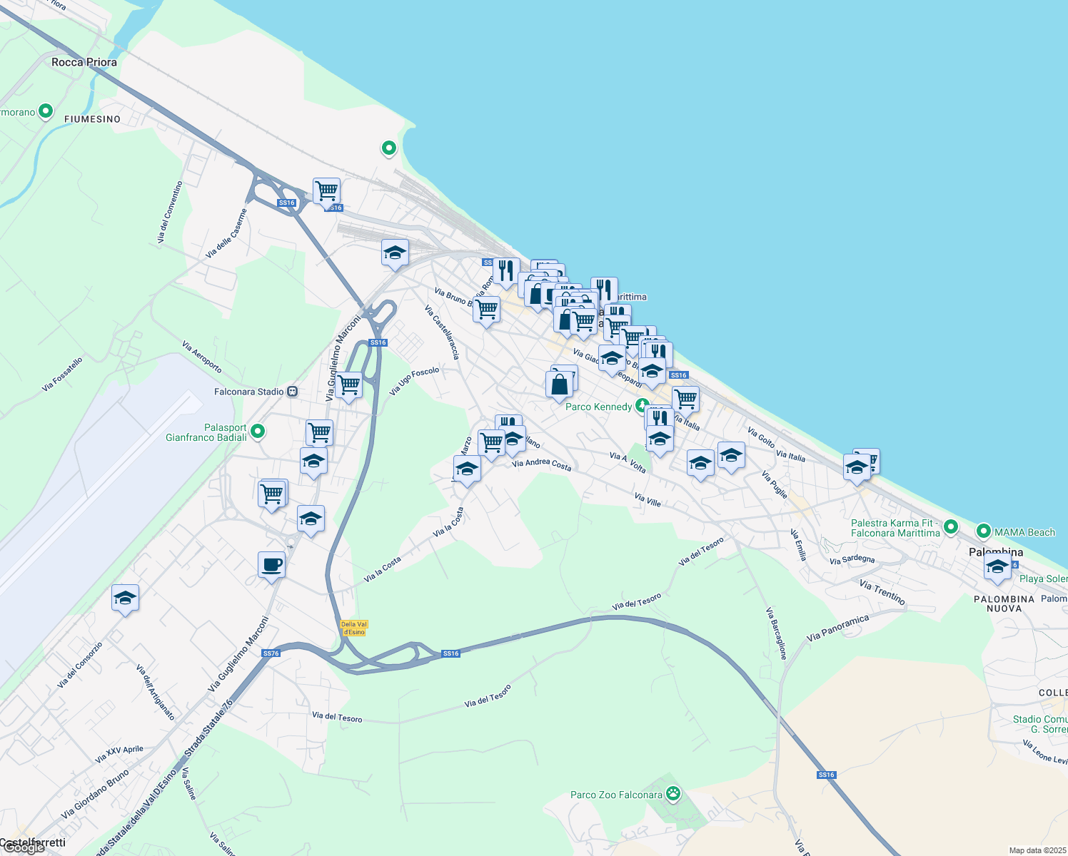 map of restaurants, bars, coffee shops, grocery stores, and more near 67 Via Giacomo Matteotti in Falconara Marittima