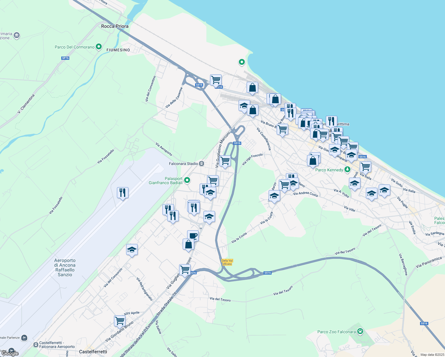 map of restaurants, bars, coffee shops, grocery stores, and more near 5 Via Alessandro Manzoni in Falconara Marittima