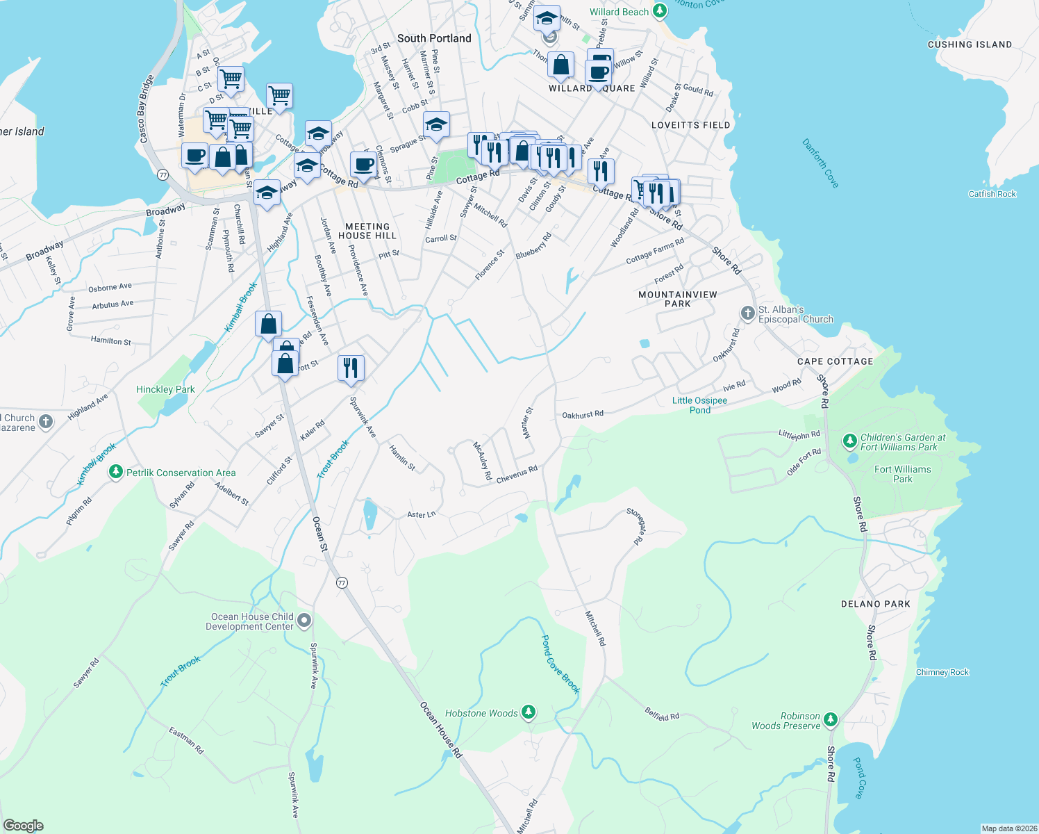 map of restaurants, bars, coffee shops, grocery stores, and more near 23 Manter Street in Cape Elizabeth