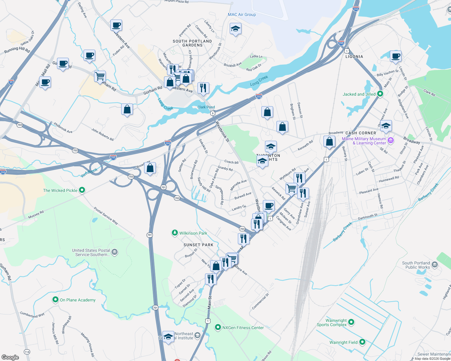map of restaurants, bars, coffee shops, grocery stores, and more near 10 Meadow Way in South Portland