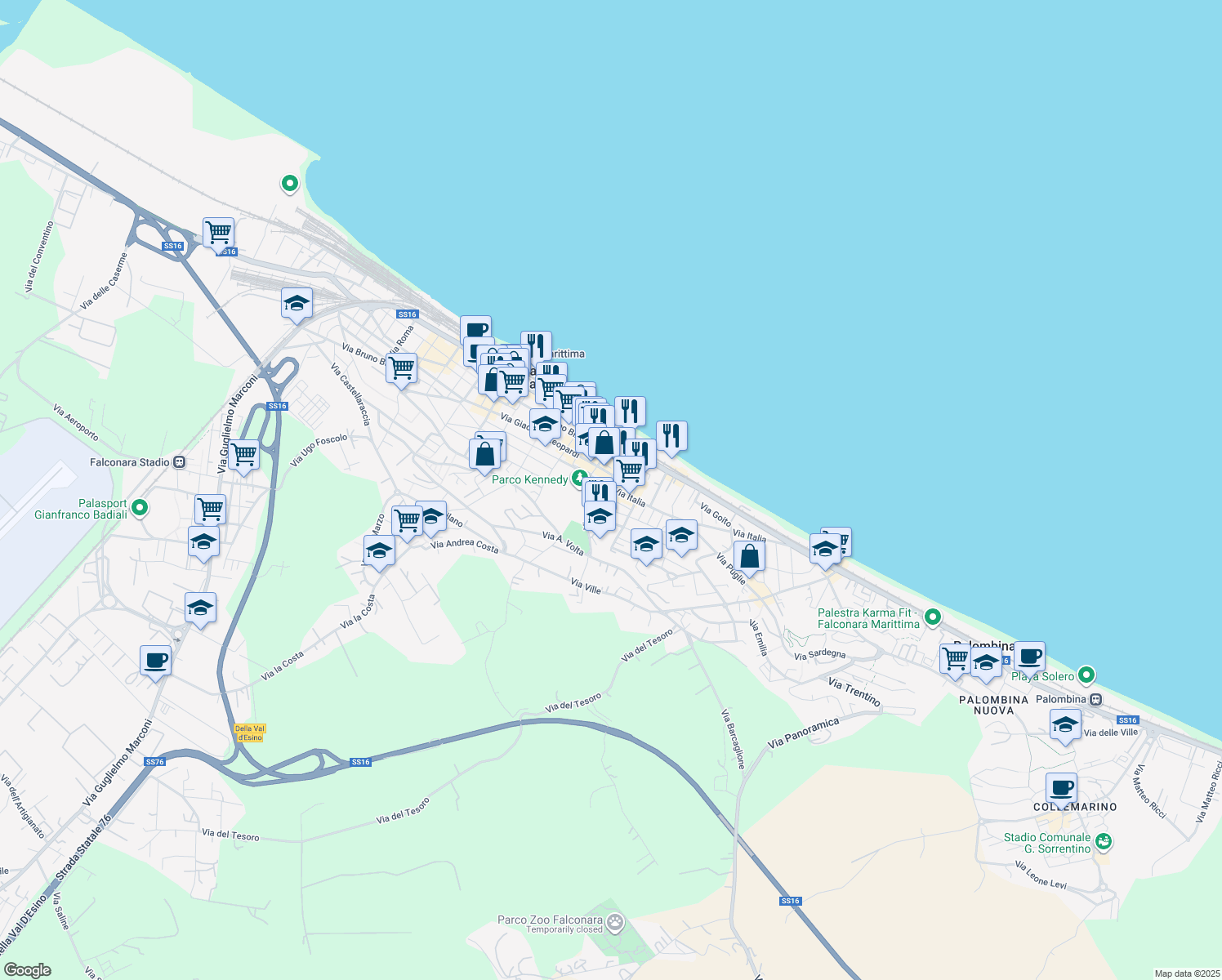 map of restaurants, bars, coffee shops, grocery stores, and more near 6 Via Isonzo in Falconara Marittima