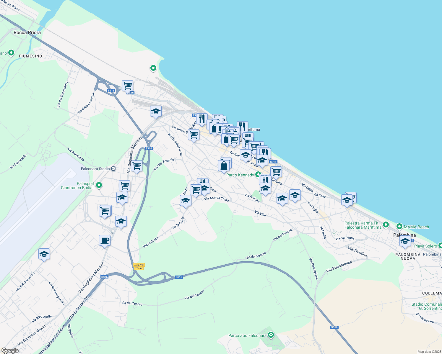 map of restaurants, bars, coffee shops, grocery stores, and more near 67 Via Giacomo Matteotti in Falconara Marittima