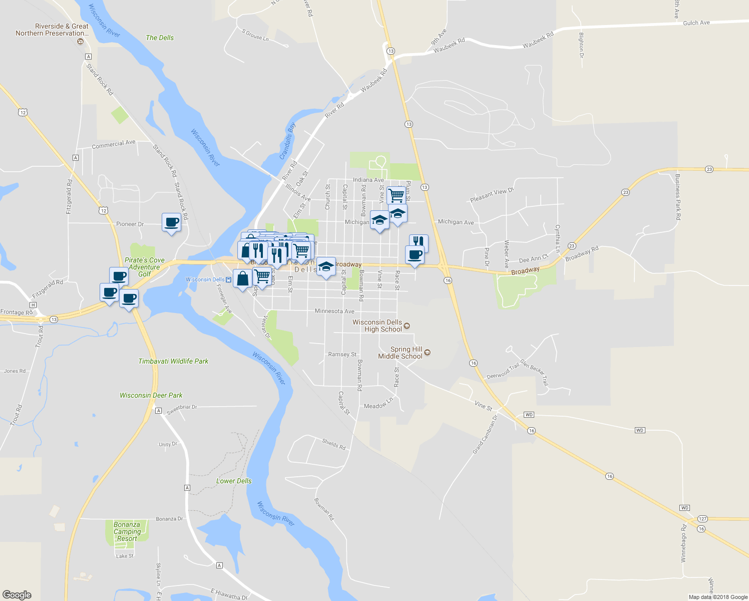 map of restaurants, bars, coffee shops, grocery stores, and more near 617 Vine Street in Wisconsin Dells