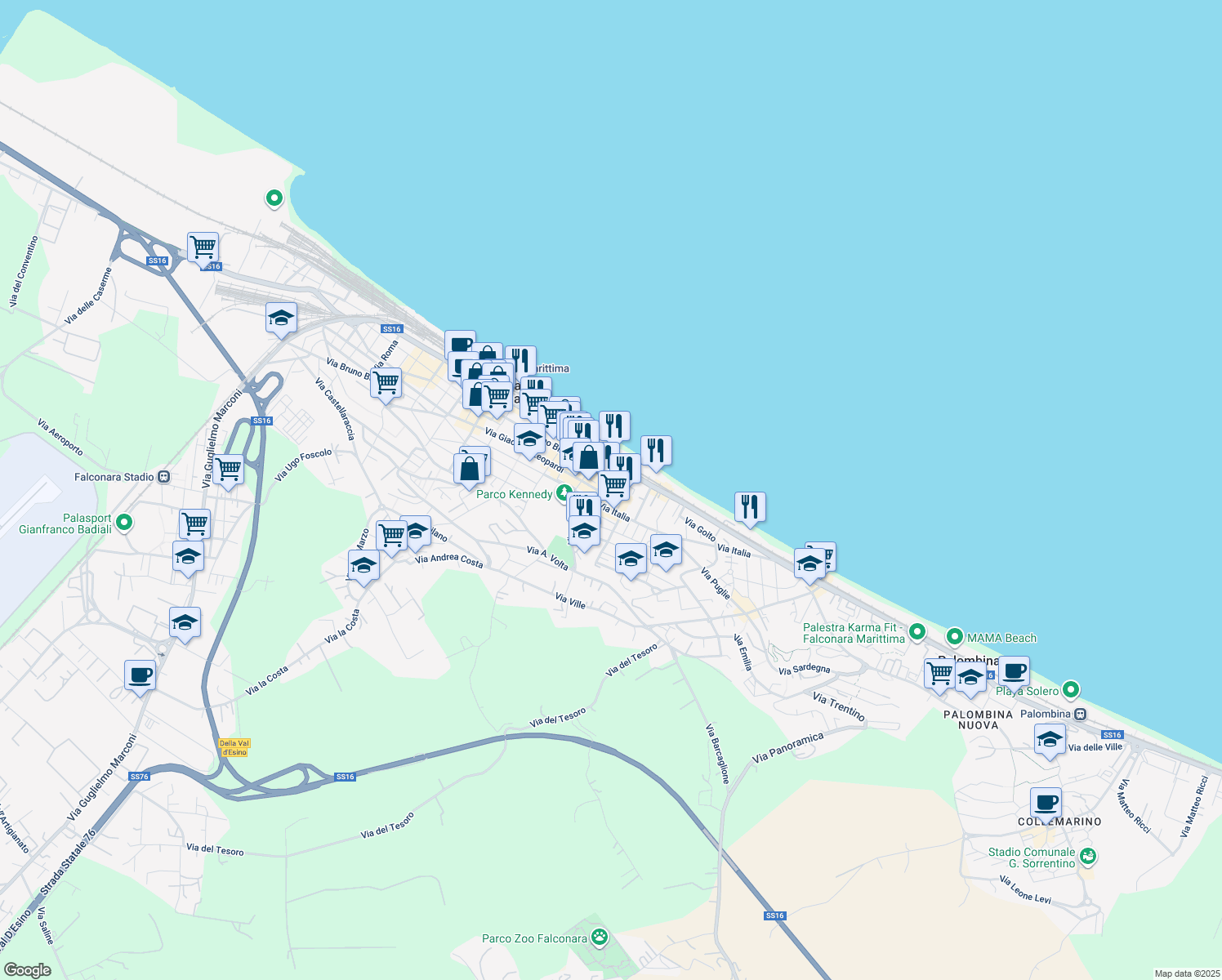 map of restaurants, bars, coffee shops, grocery stores, and more near 4A Piazza Europa in Falconara Marittima