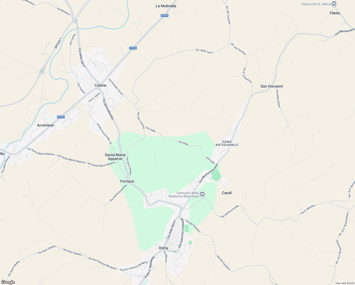 map of restaurants, bars, coffee shops, grocery stores, and more near 3 Via Valle in Provincia di Ancona