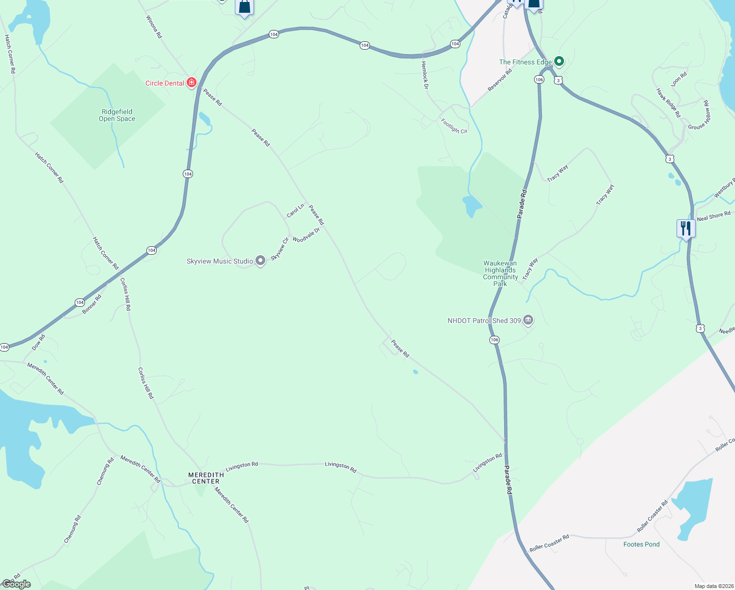 map of restaurants, bars, coffee shops, grocery stores, and more near 126 Pease Road in Meredith