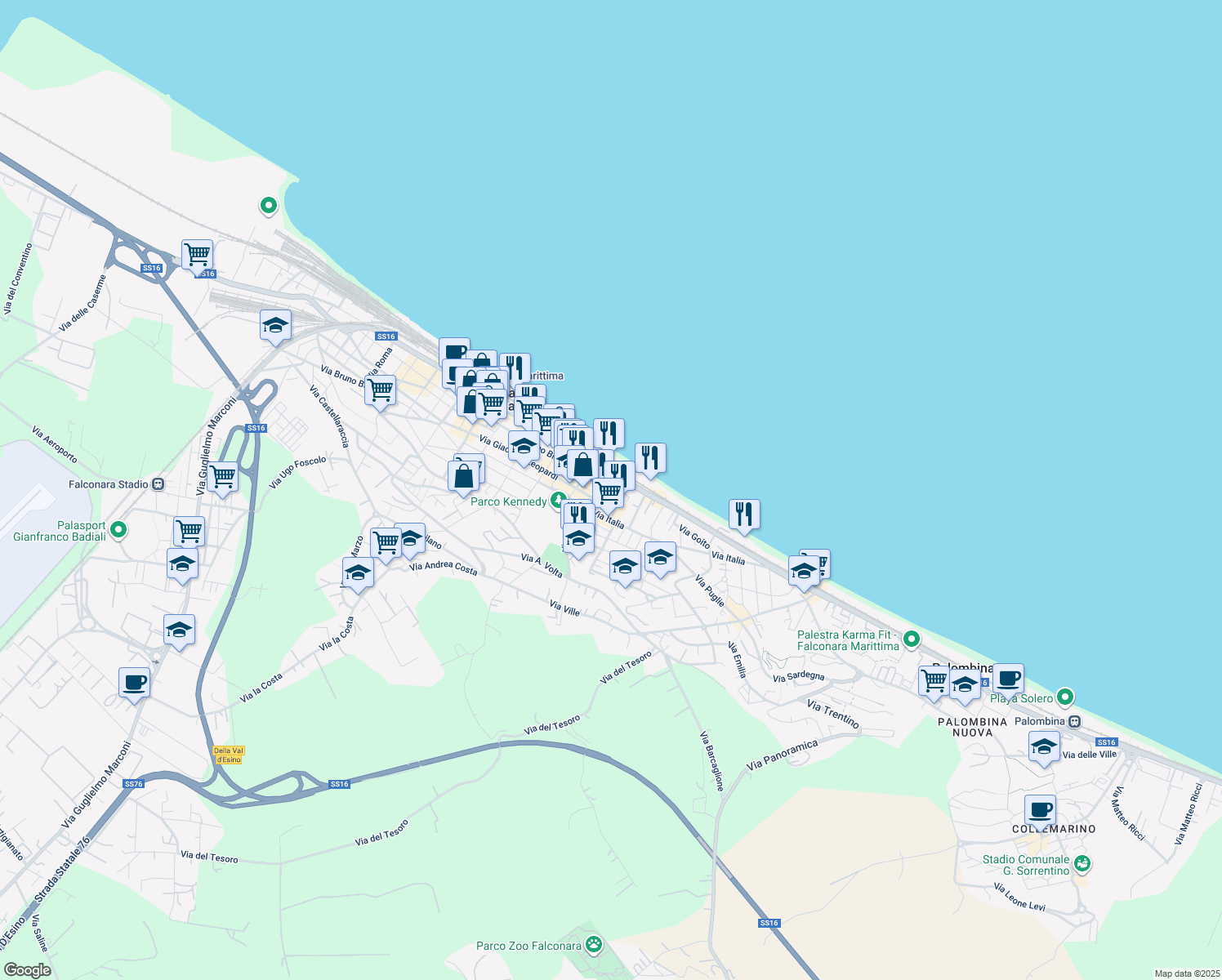 map of restaurants, bars, coffee shops, grocery stores, and more near in Falconara Marittima