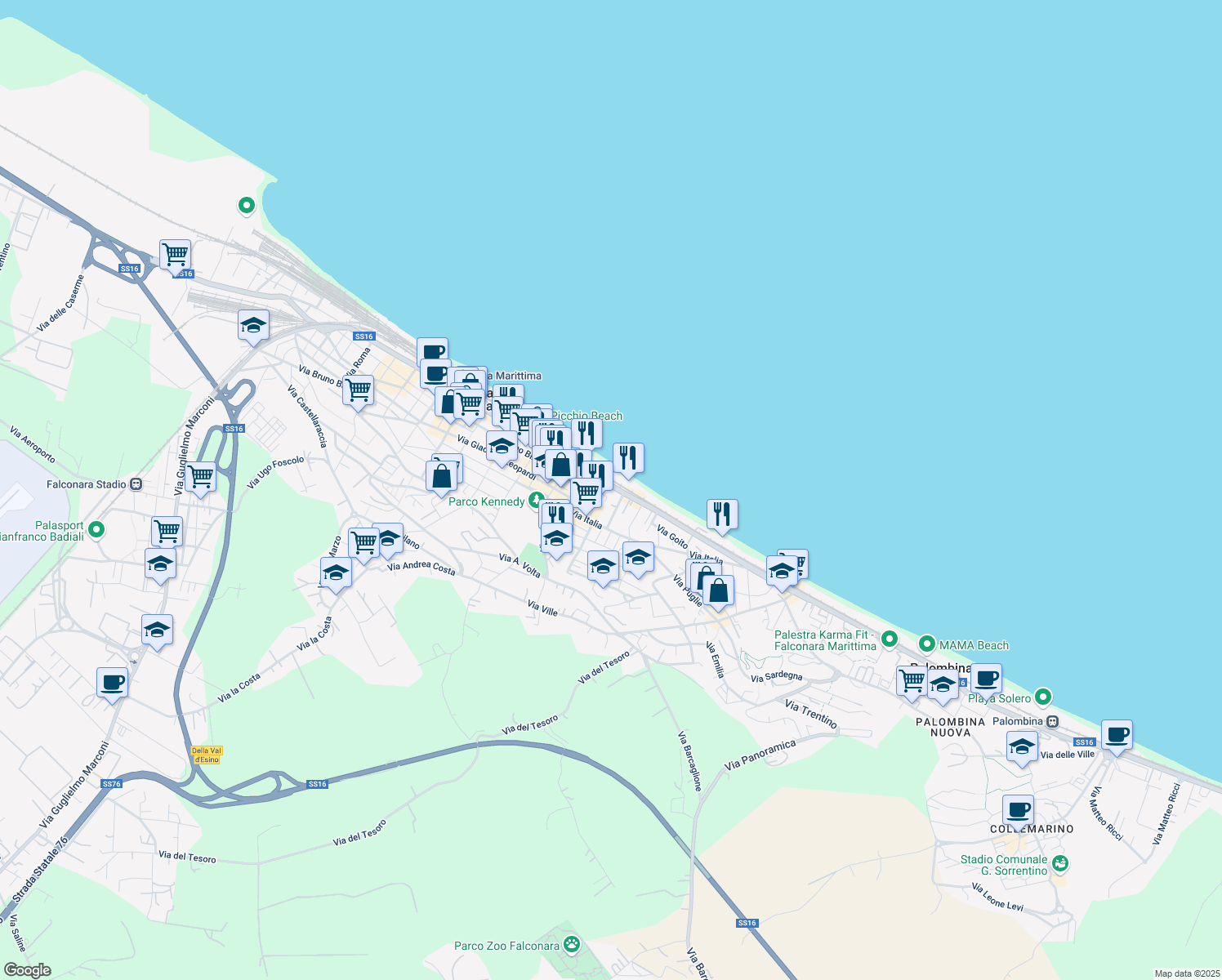 map of restaurants, bars, coffee shops, grocery stores, and more near 451-454 Via Flaminia in Falconara Marittima