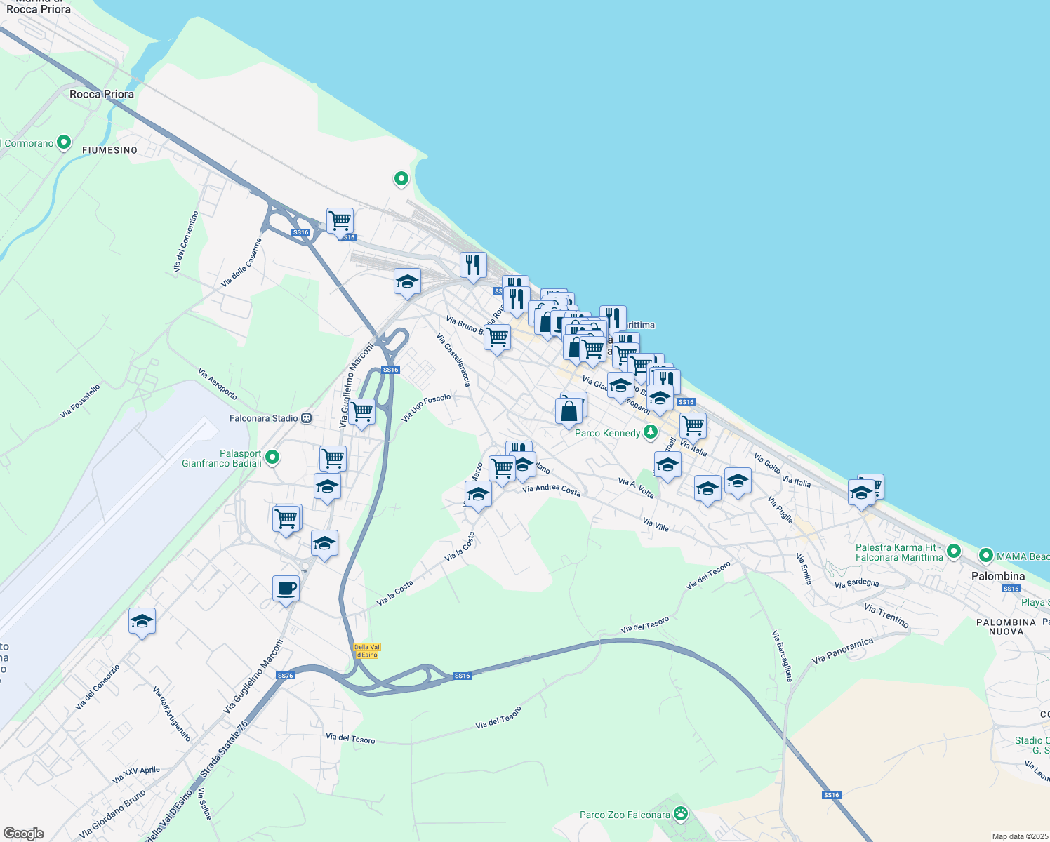 map of restaurants, bars, coffee shops, grocery stores, and more near 529 Via Giacomo Matteotti in Falconara Marittima