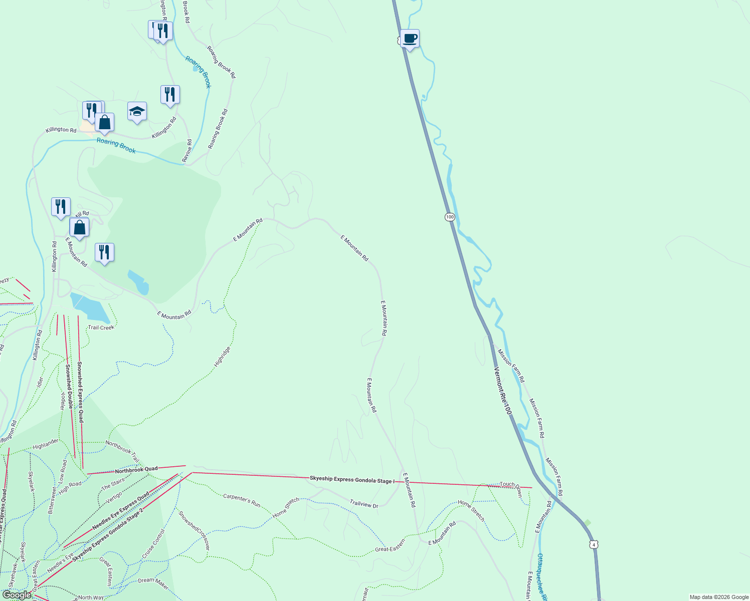 map of restaurants, bars, coffee shops, grocery stores, and more near 1990 East Mountain Road in Killington