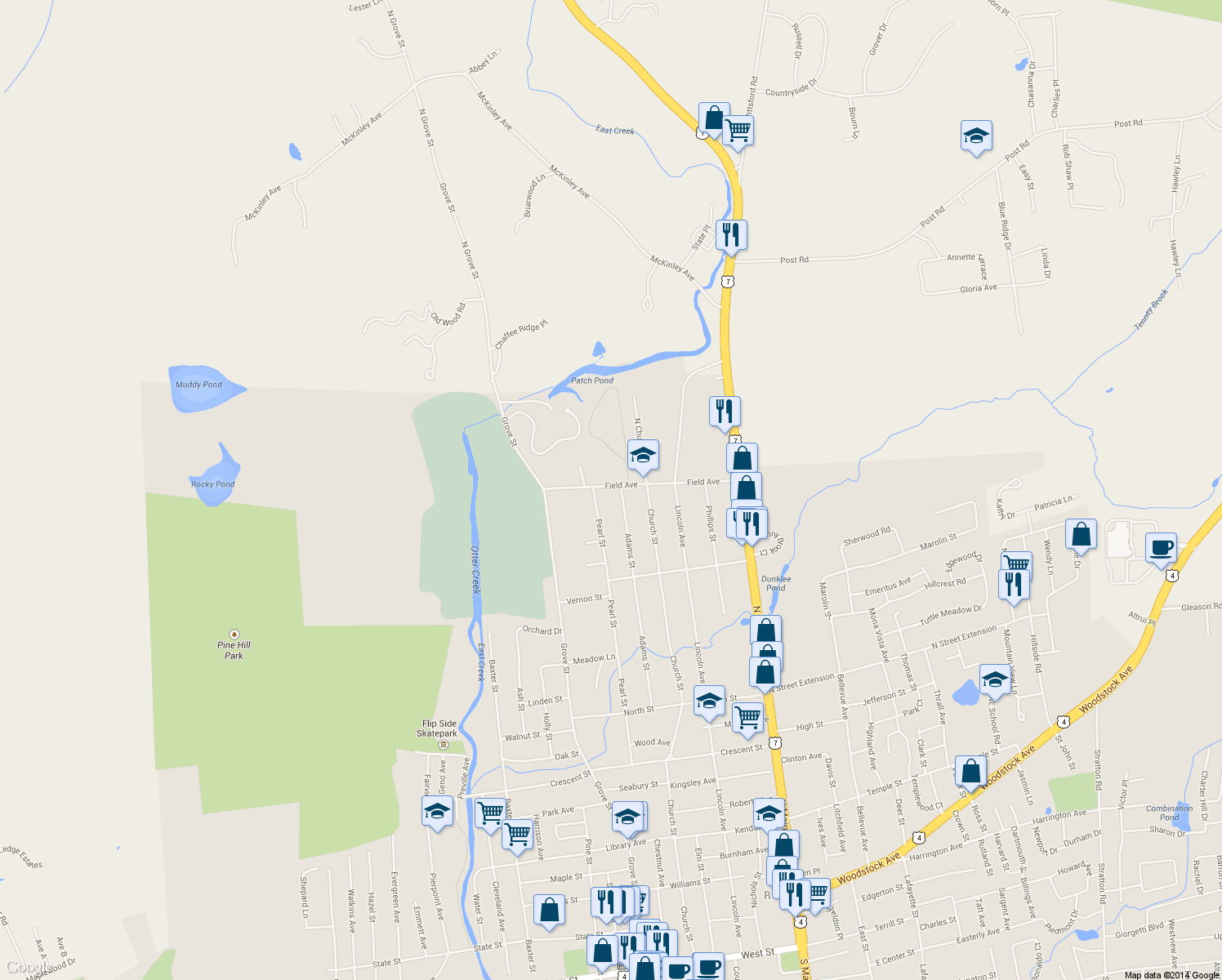 map of restaurants, bars, coffee shops, grocery stores, and more near 68 Field Avenue in Rutland