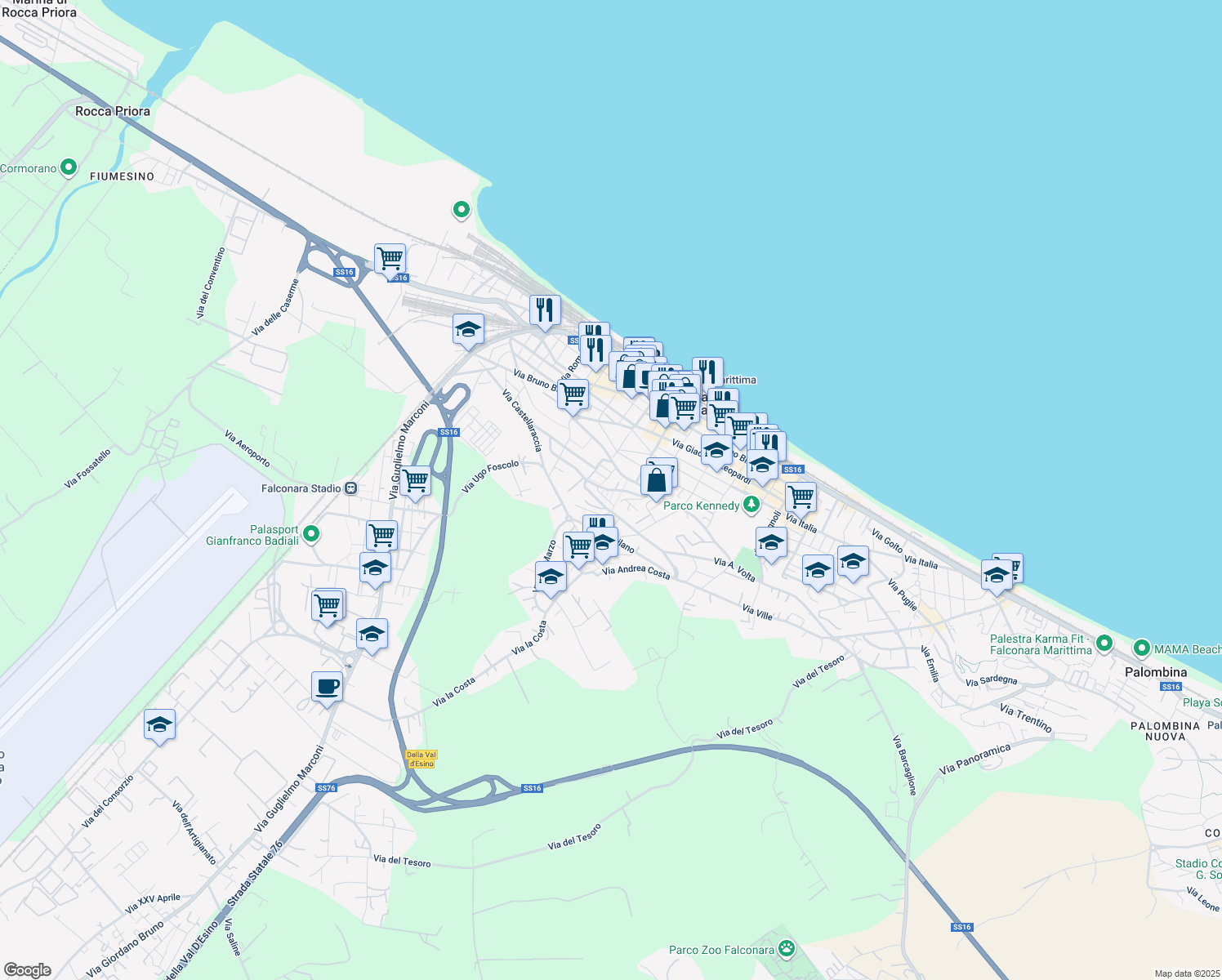 map of restaurants, bars, coffee shops, grocery stores, and more near 529 Via Giacomo Matteotti in Falconara Marittima