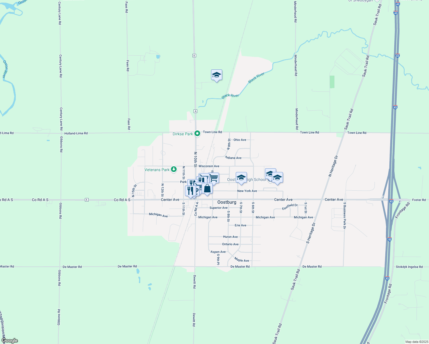 map of restaurants, bars, coffee shops, grocery stores, and more near 856 Illinois Ave in Oostburg
