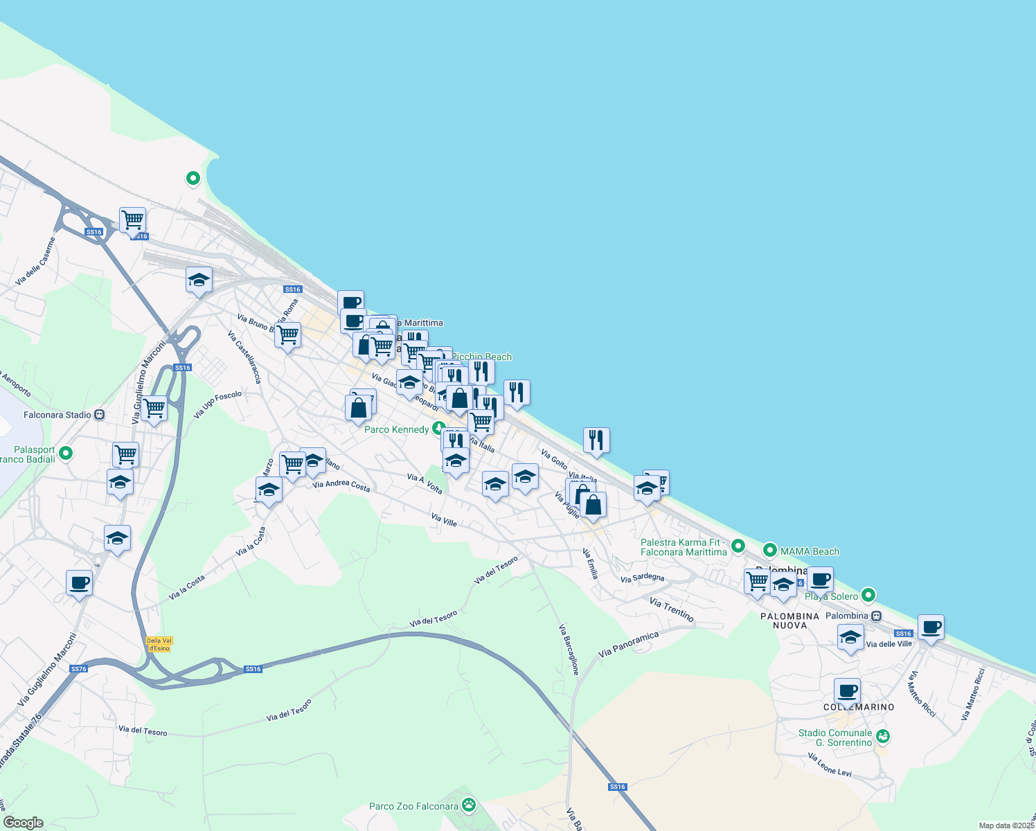 map of restaurants, bars, coffee shops, grocery stores, and more near 454 Via Flaminia in Falconara Marittima