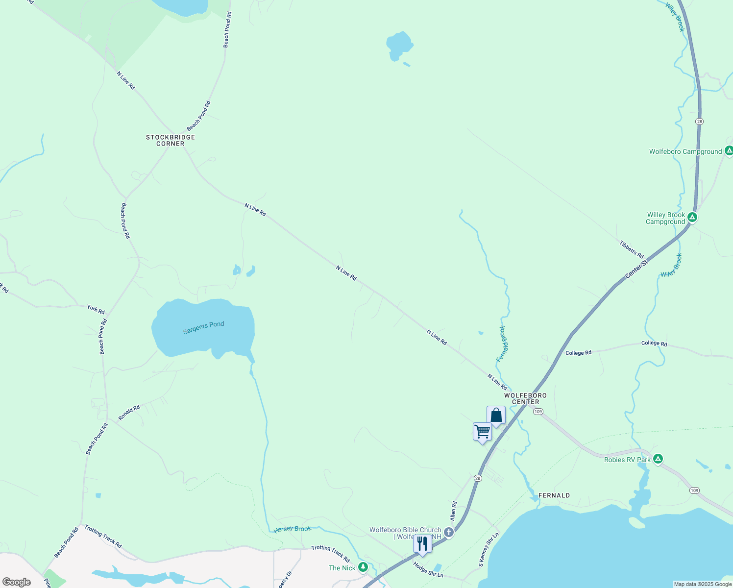 map of restaurants, bars, coffee shops, grocery stores, and more near 176 North Line Road in Wolfeboro