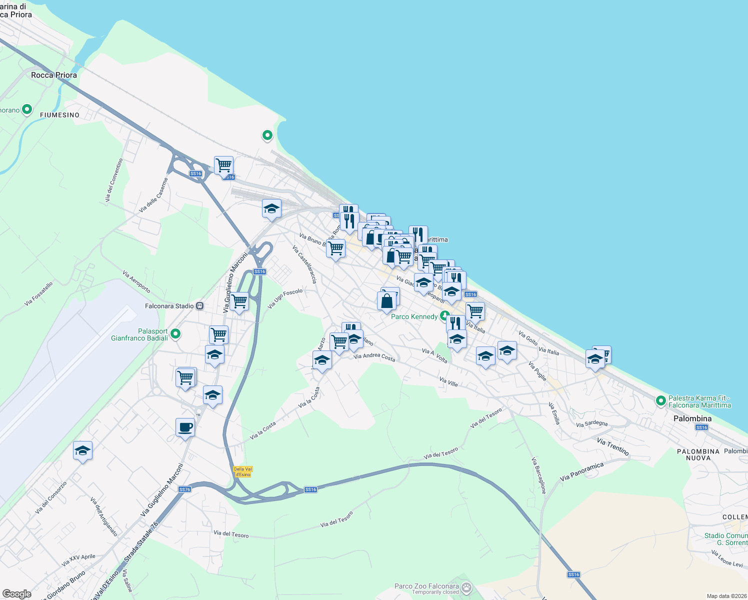 map of restaurants, bars, coffee shops, grocery stores, and more near 47 Via Giacomo Matteotti in Falconara Marittima