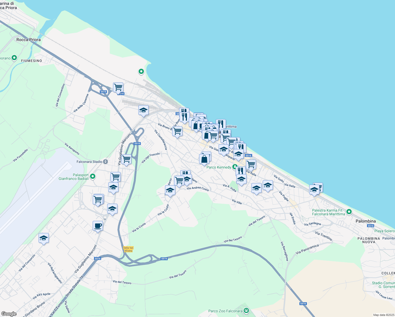 map of restaurants, bars, coffee shops, grocery stores, and more near 47 Via Giacomo Matteotti in Falconara Marittima