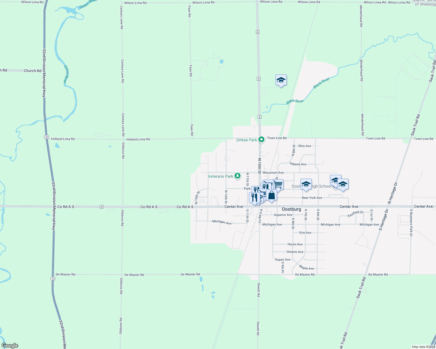 map of restaurants, bars, coffee shops, grocery stores, and more near 1233 Wisconsin Avenue in Oostburg