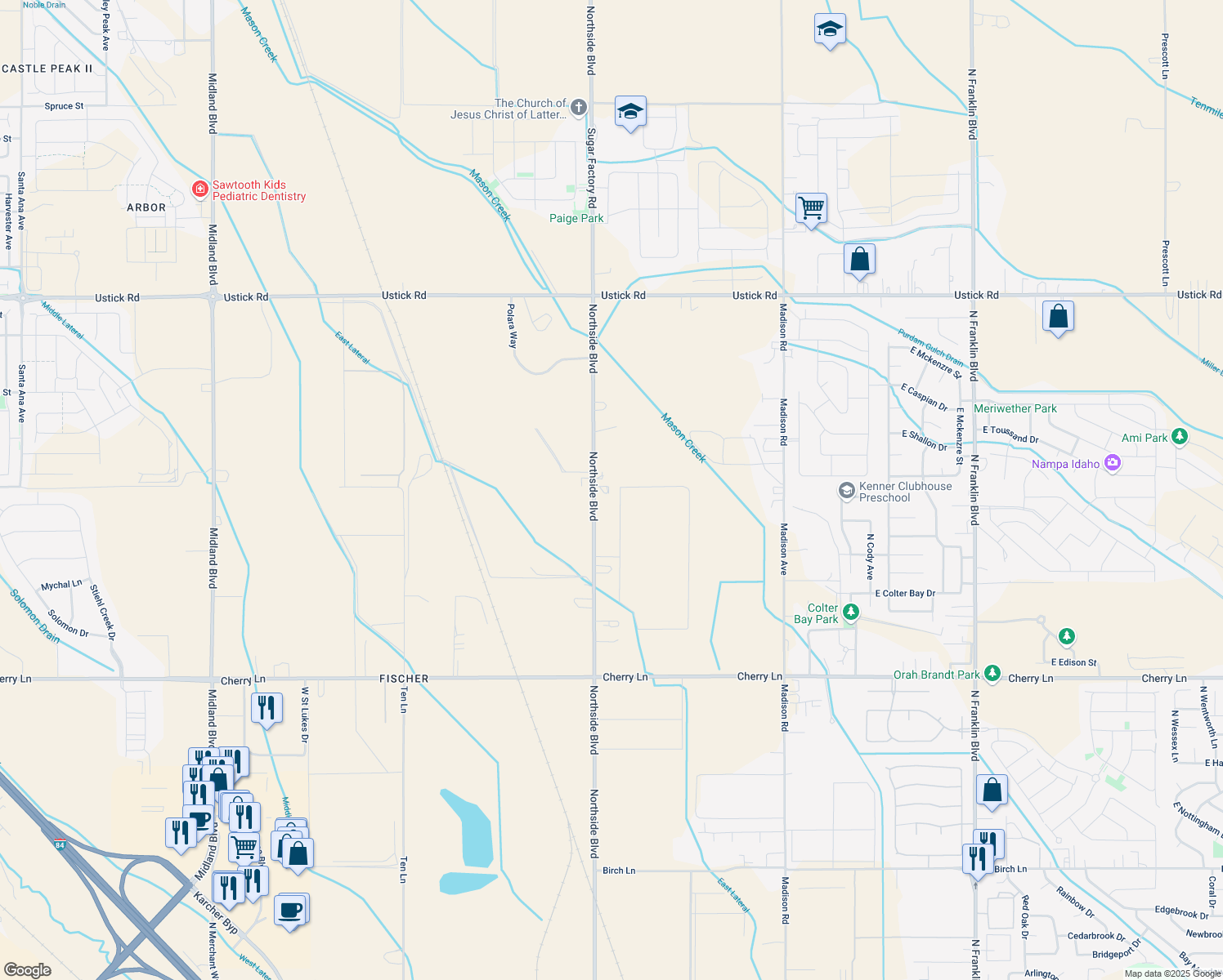 map of restaurants, bars, coffee shops, grocery stores, and more near 17500 Northside Boulevard in Nampa