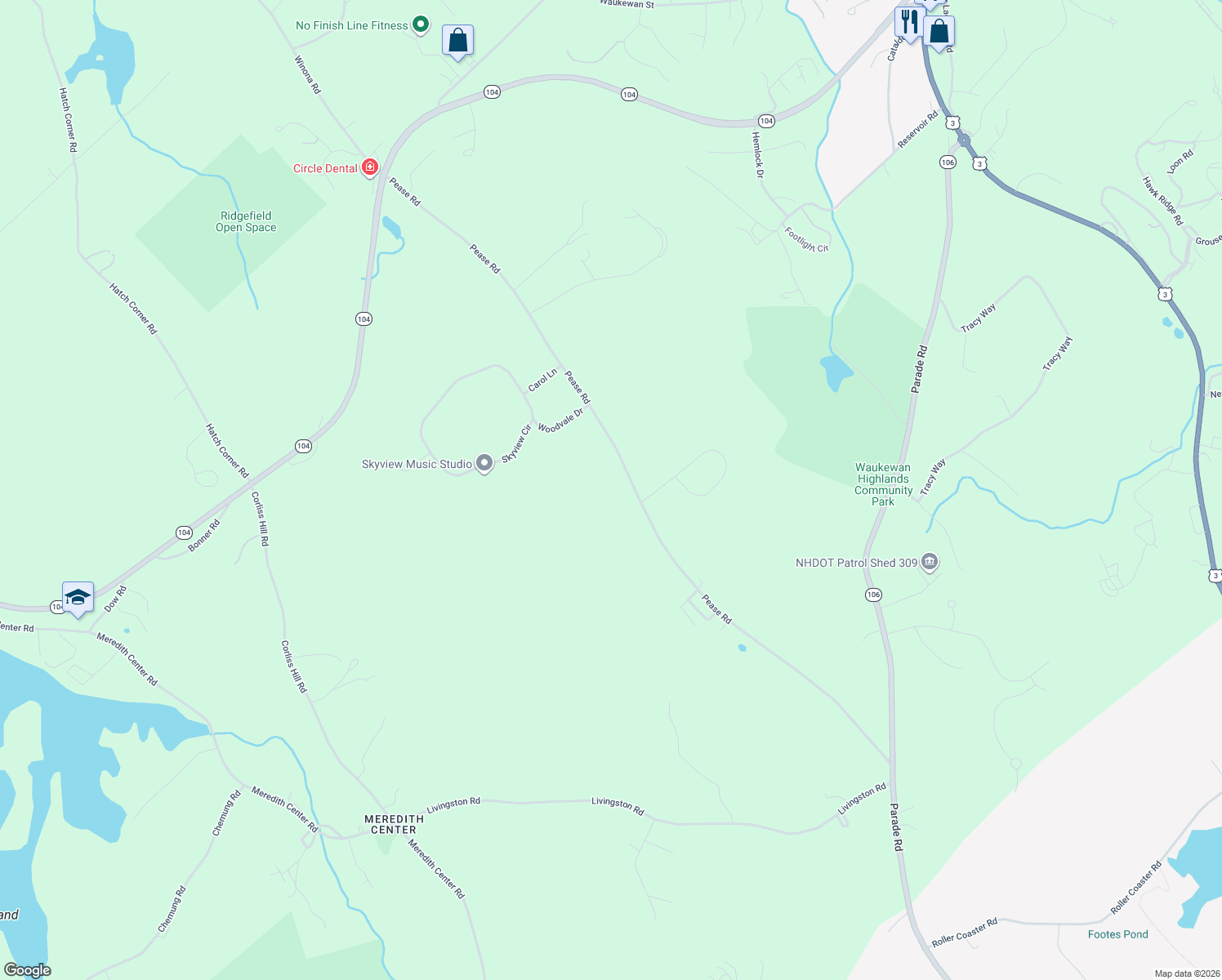 map of restaurants, bars, coffee shops, grocery stores, and more near 105 Pease Road in Meredith