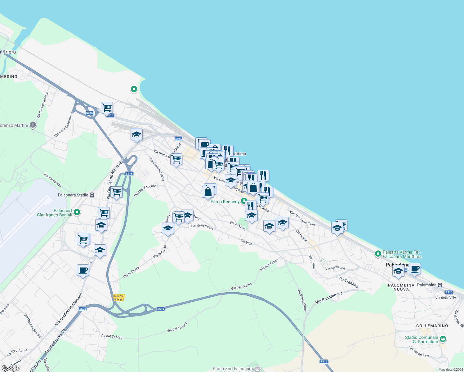 map of restaurants, bars, coffee shops, grocery stores, and more near 2-3 Piazza Antonio Gramsci in Falconara Marittima