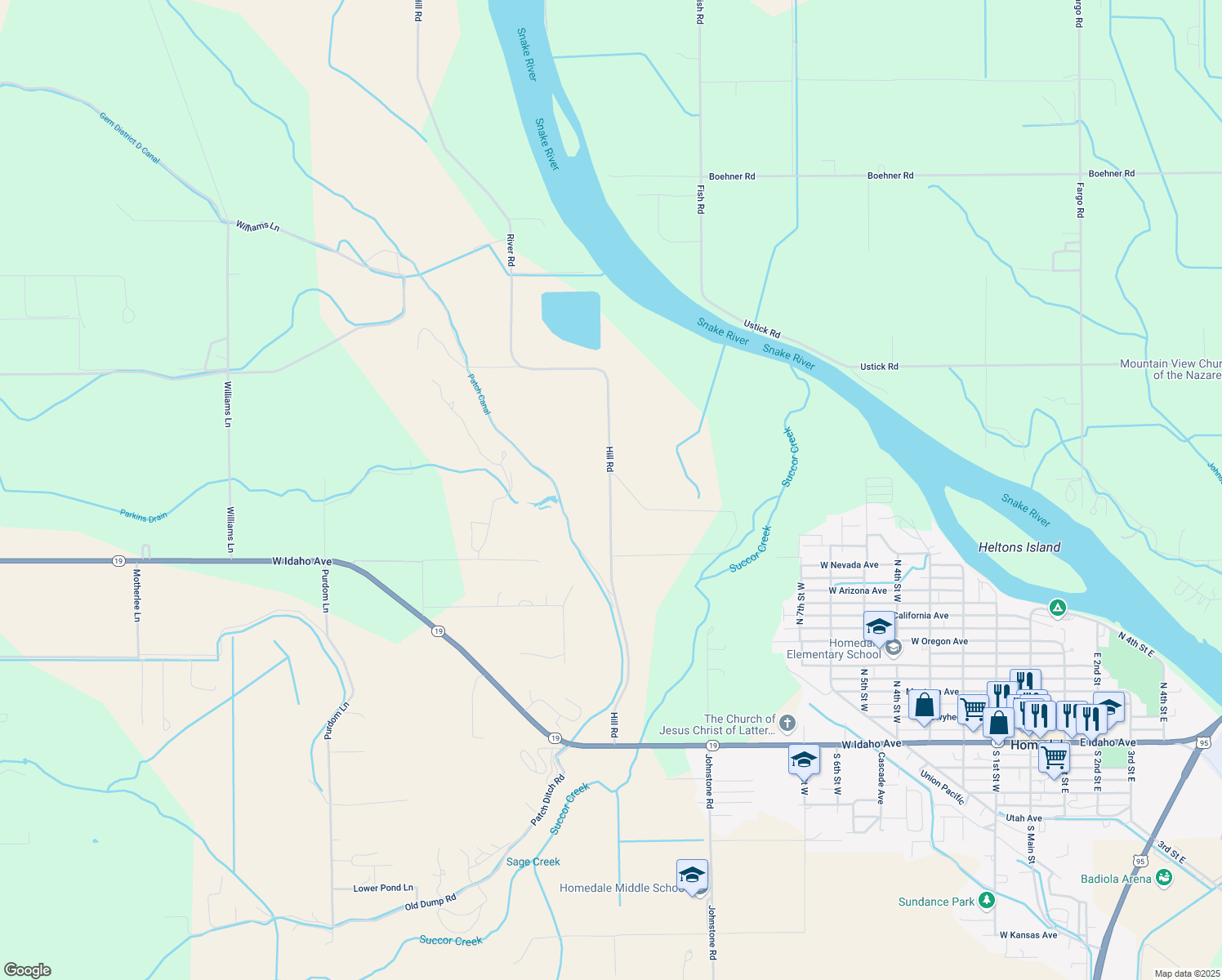 map of restaurants, bars, coffee shops, grocery stores, and more near 18699 River Rd in Homedale