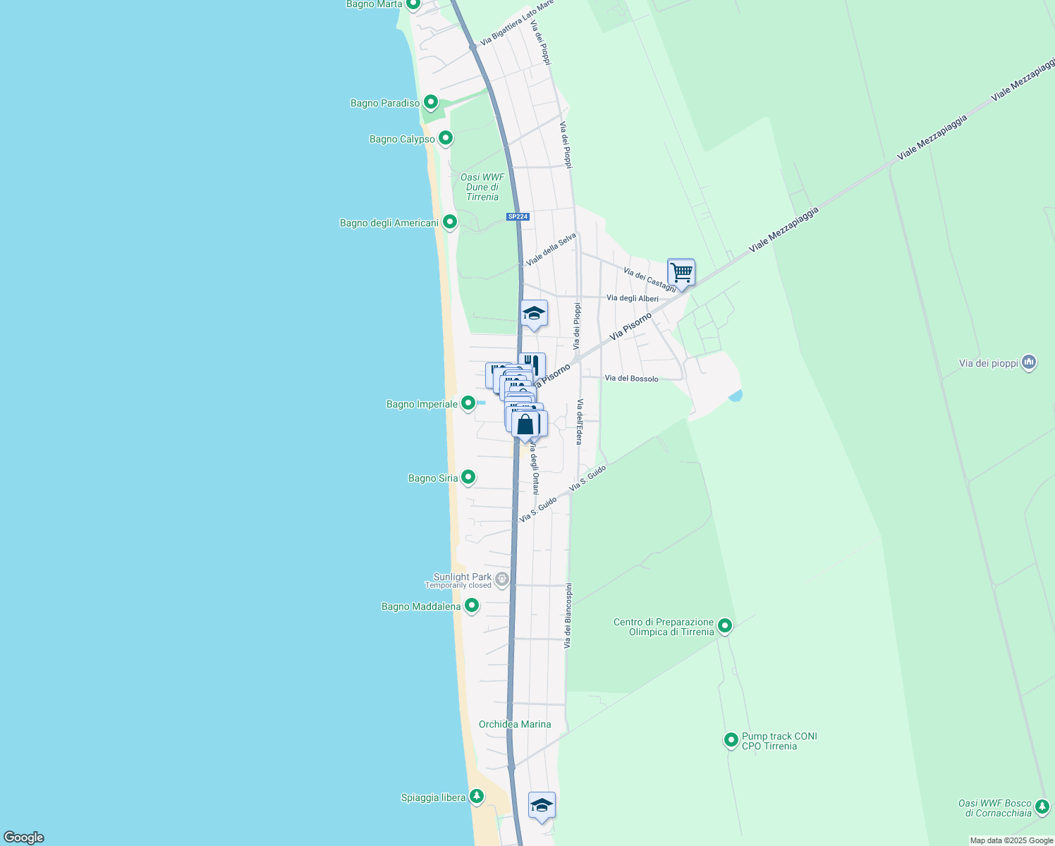 map of restaurants, bars, coffee shops, grocery stores, and more near 38-40 Strada Statale 224 in Marina di Pisa-tirrenia-calambr