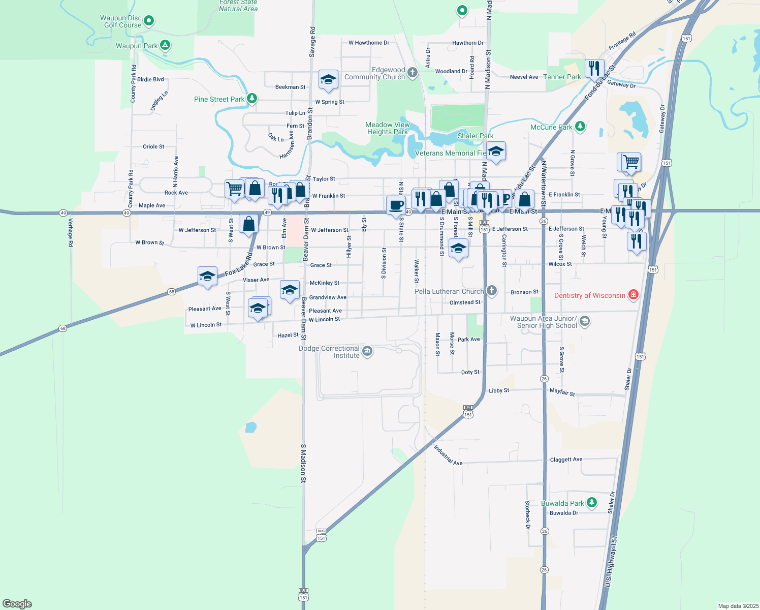 map of restaurants, bars, coffee shops, grocery stores, and more near 216 Pleasant Ave in Waupun