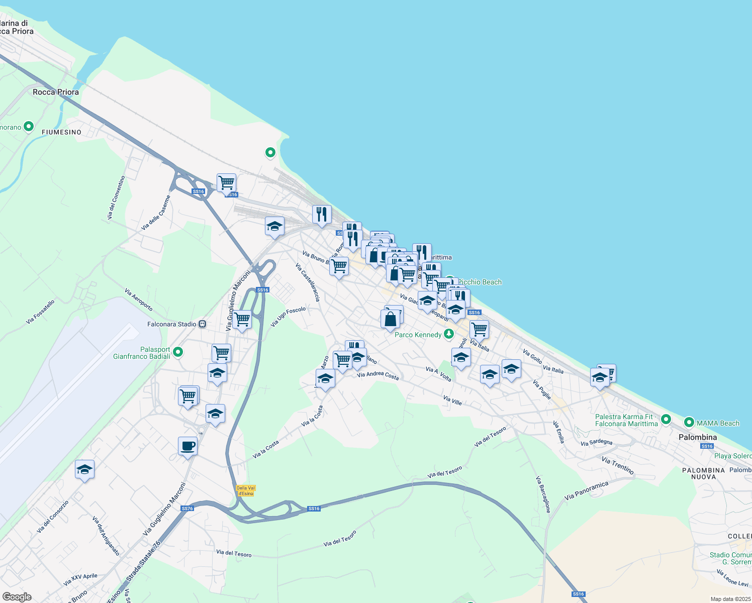 map of restaurants, bars, coffee shops, grocery stores, and more near Via Cipriani in Falconara Marittima