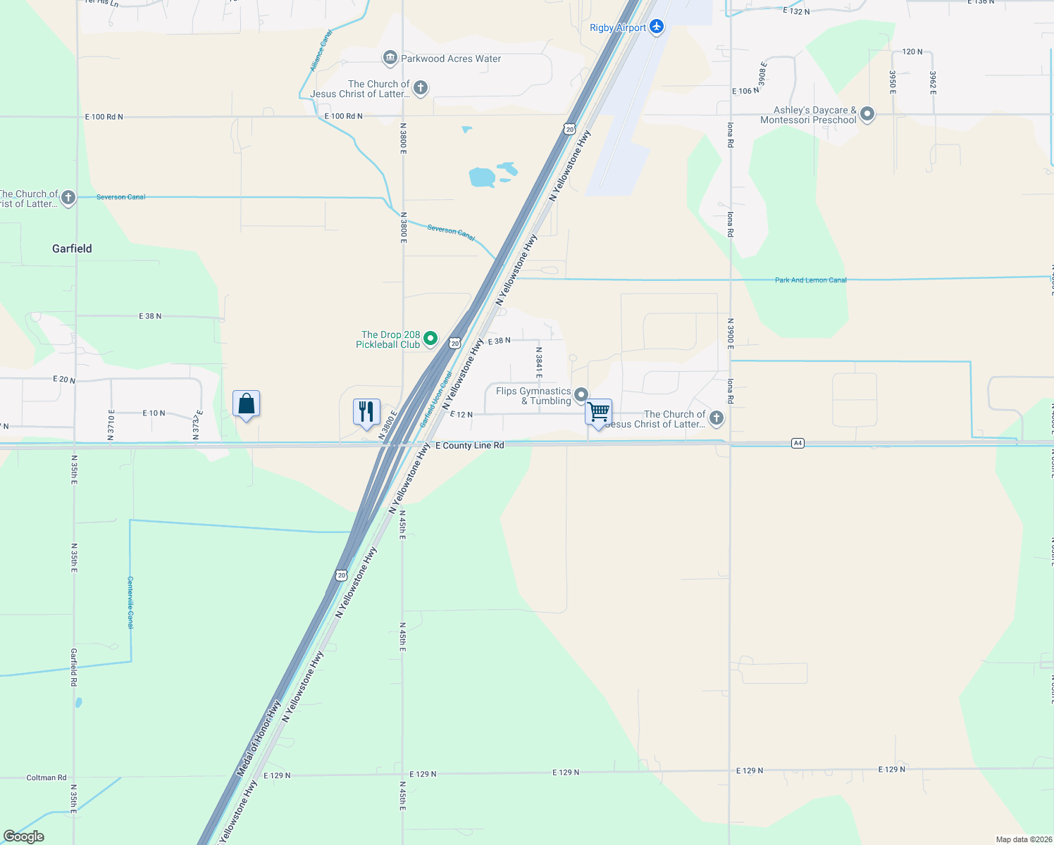 map of restaurants, bars, coffee shops, grocery stores, and more near 3852 E 12 N in Rigby