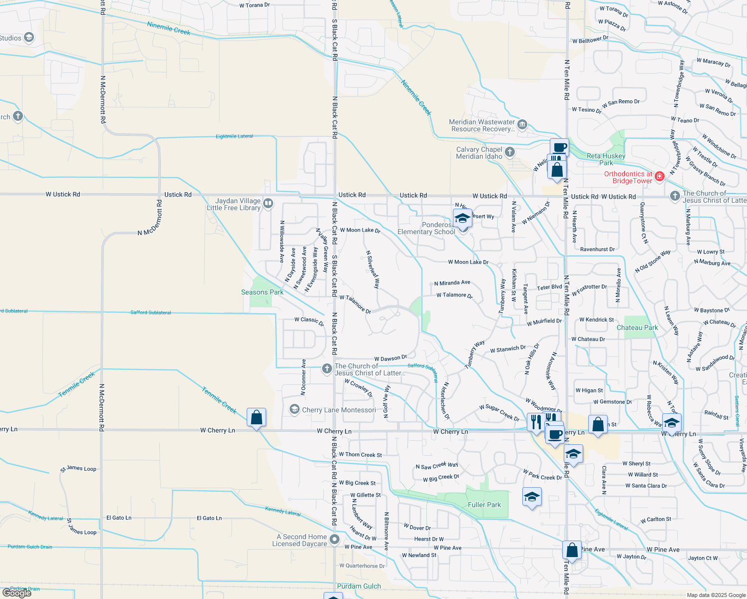map of restaurants, bars, coffee shops, grocery stores, and more near 2511 North Silverleaf Way in Meridian