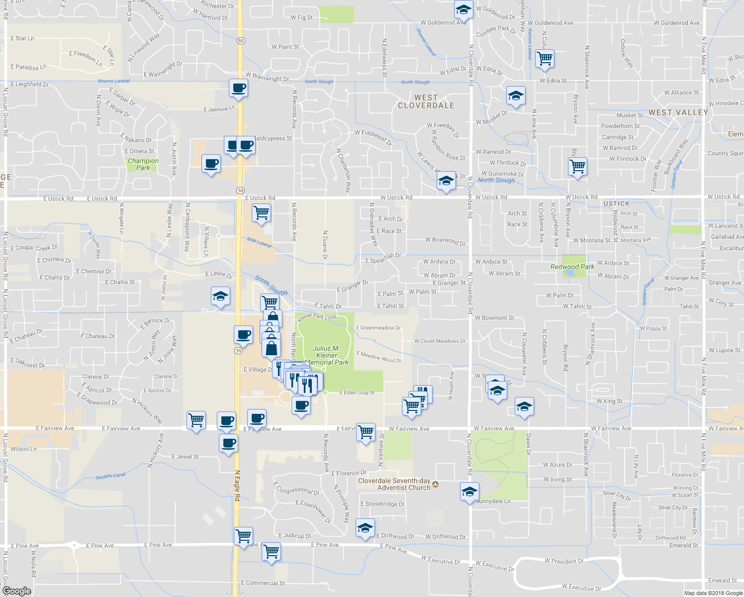 map of restaurants, bars, coffee shops, grocery stores, and more near 2505 North Wallingford Avenue in Meridian