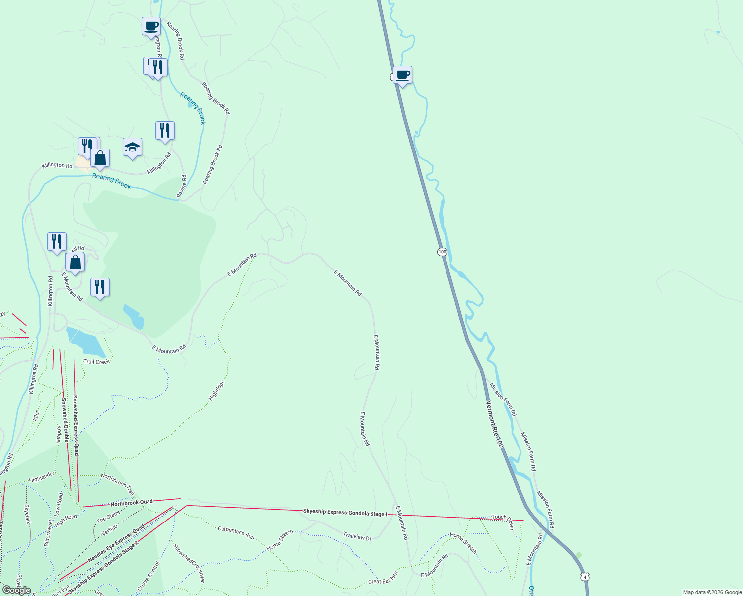 map of restaurants, bars, coffee shops, grocery stores, and more near 1945 East Mountain Road in Killington