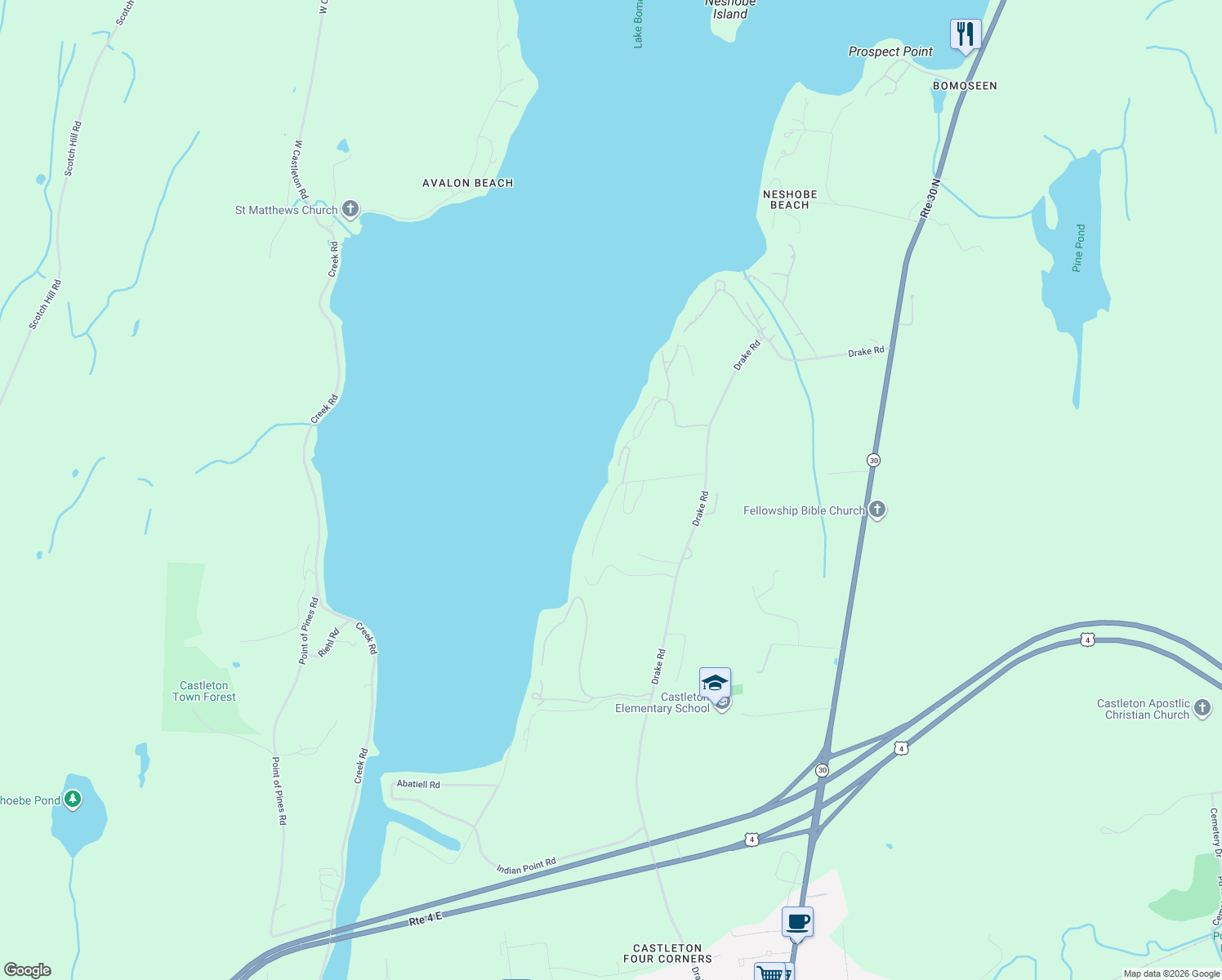 map of restaurants, bars, coffee shops, grocery stores, and more near 216 Little Rutland Road in Castleton