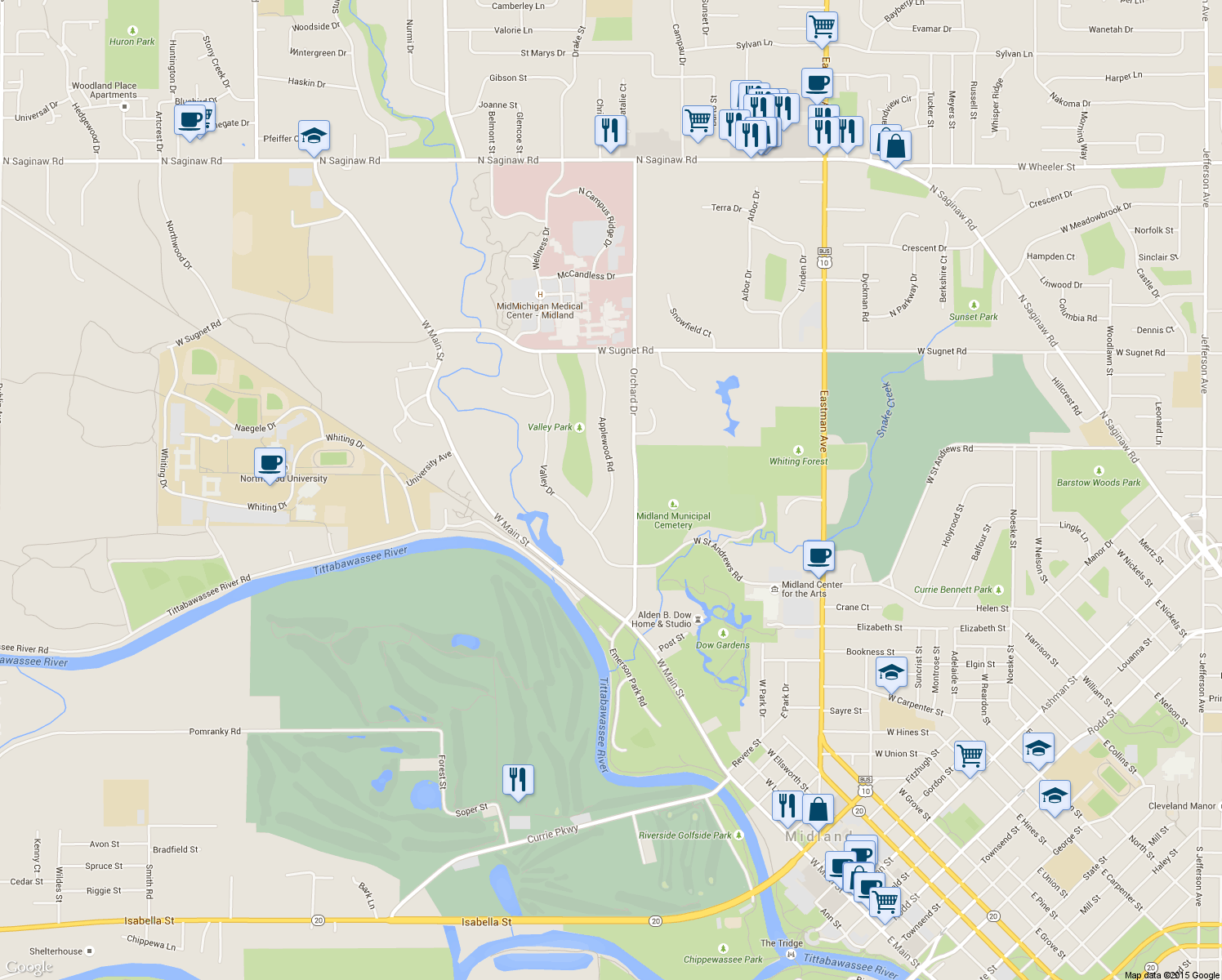 map of restaurants, bars, coffee shops, grocery stores, and more near 3707 Applewood Road in Midland