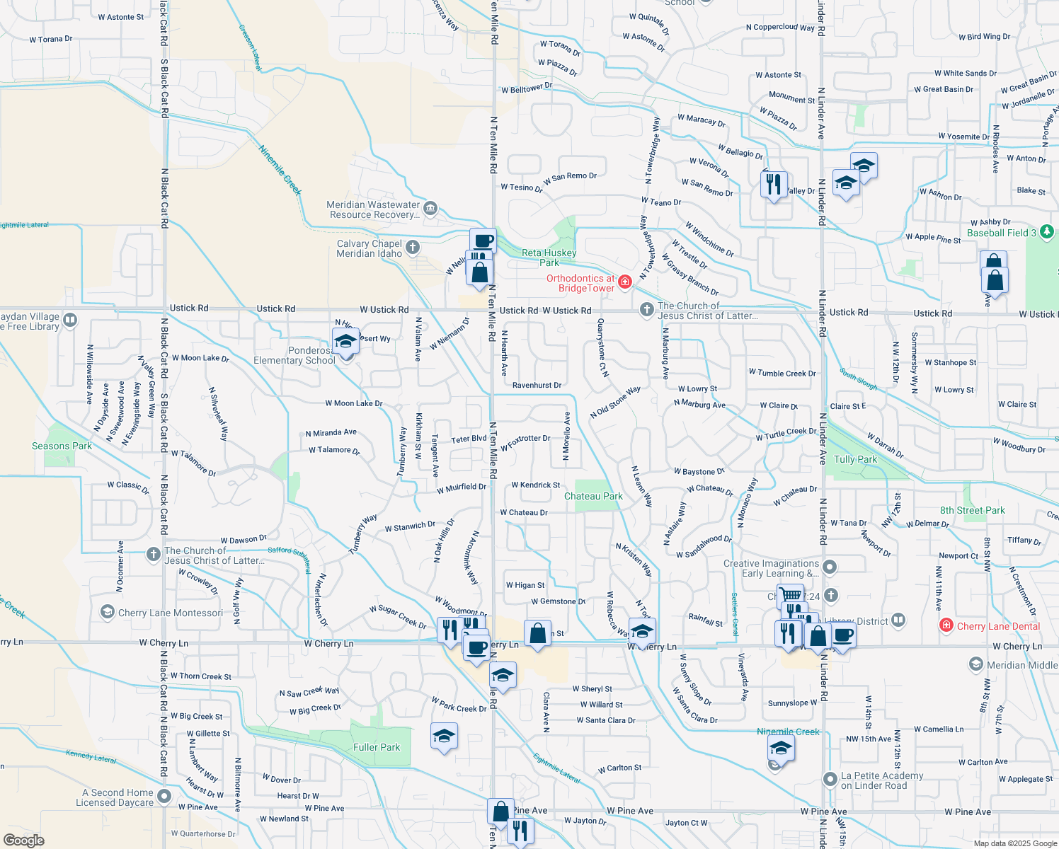 map of restaurants, bars, coffee shops, grocery stores, and more near 3021 West Fieldstream Drive in Meridian