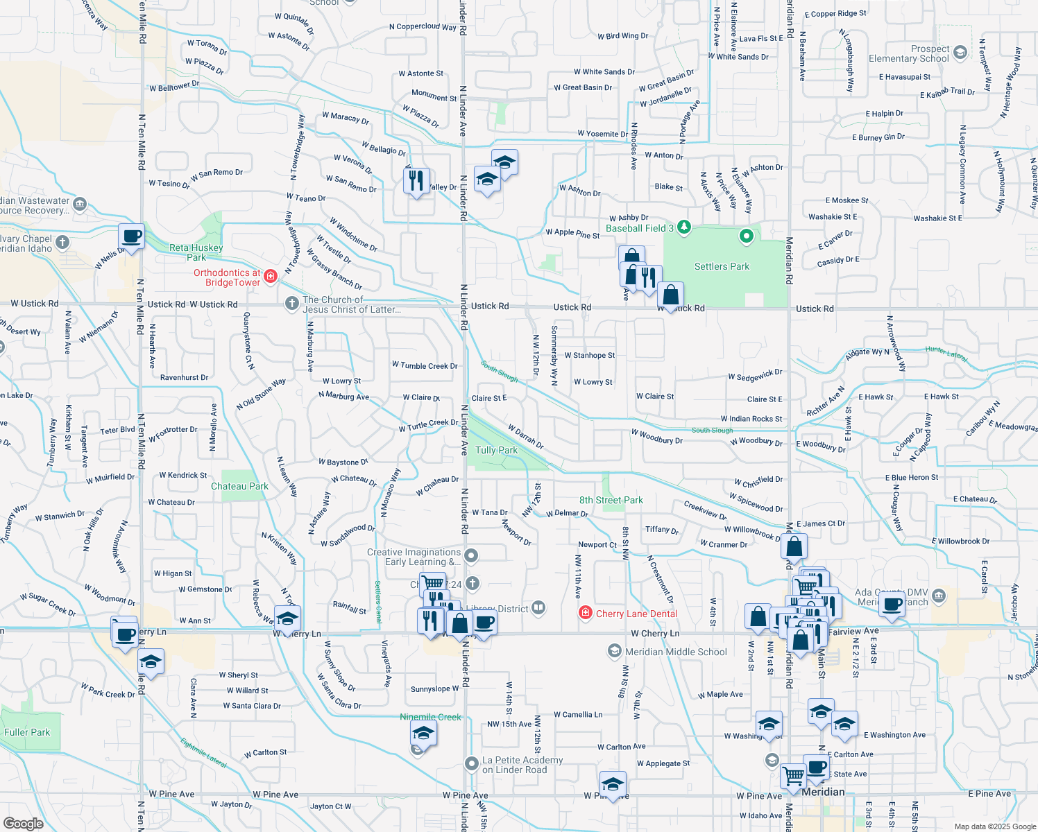 map of restaurants, bars, coffee shops, grocery stores, and more near 2671 Northwest 13th Street in Meridian