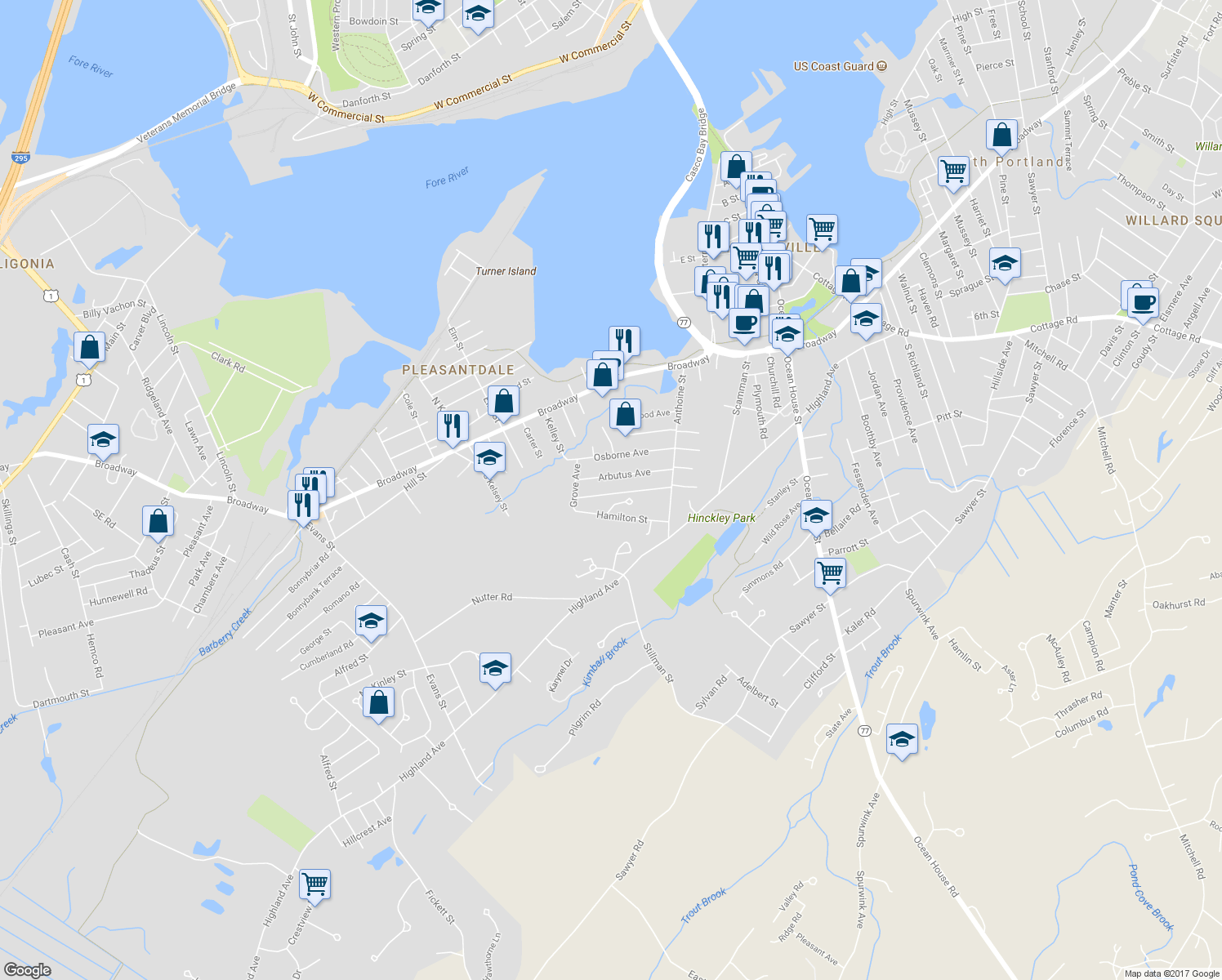 map of restaurants, bars, coffee shops, grocery stores, and more near 59 Baltimore Avenue in South Portland