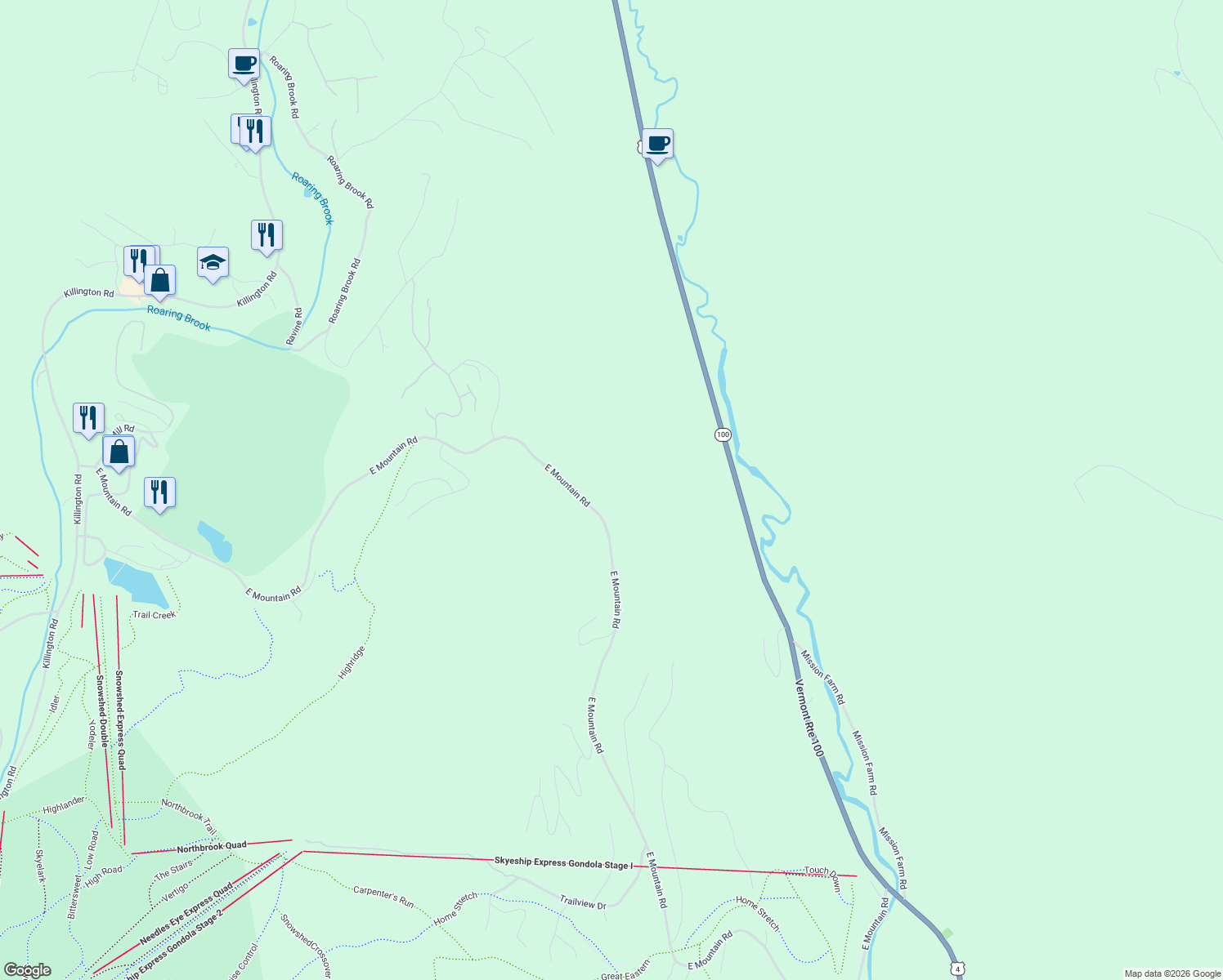 map of restaurants, bars, coffee shops, grocery stores, and more near 1945 East Mountain Road in Killington
