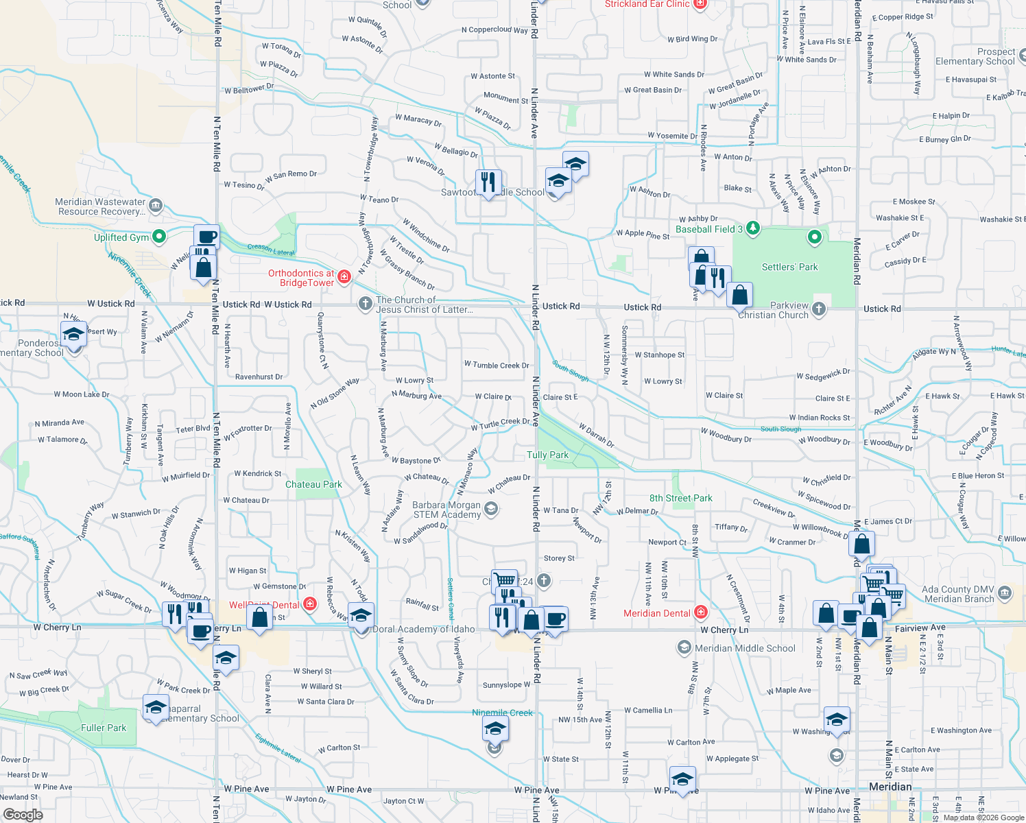 map of restaurants, bars, coffee shops, grocery stores, and more near 2688 North Springtime Avenue in Meridian