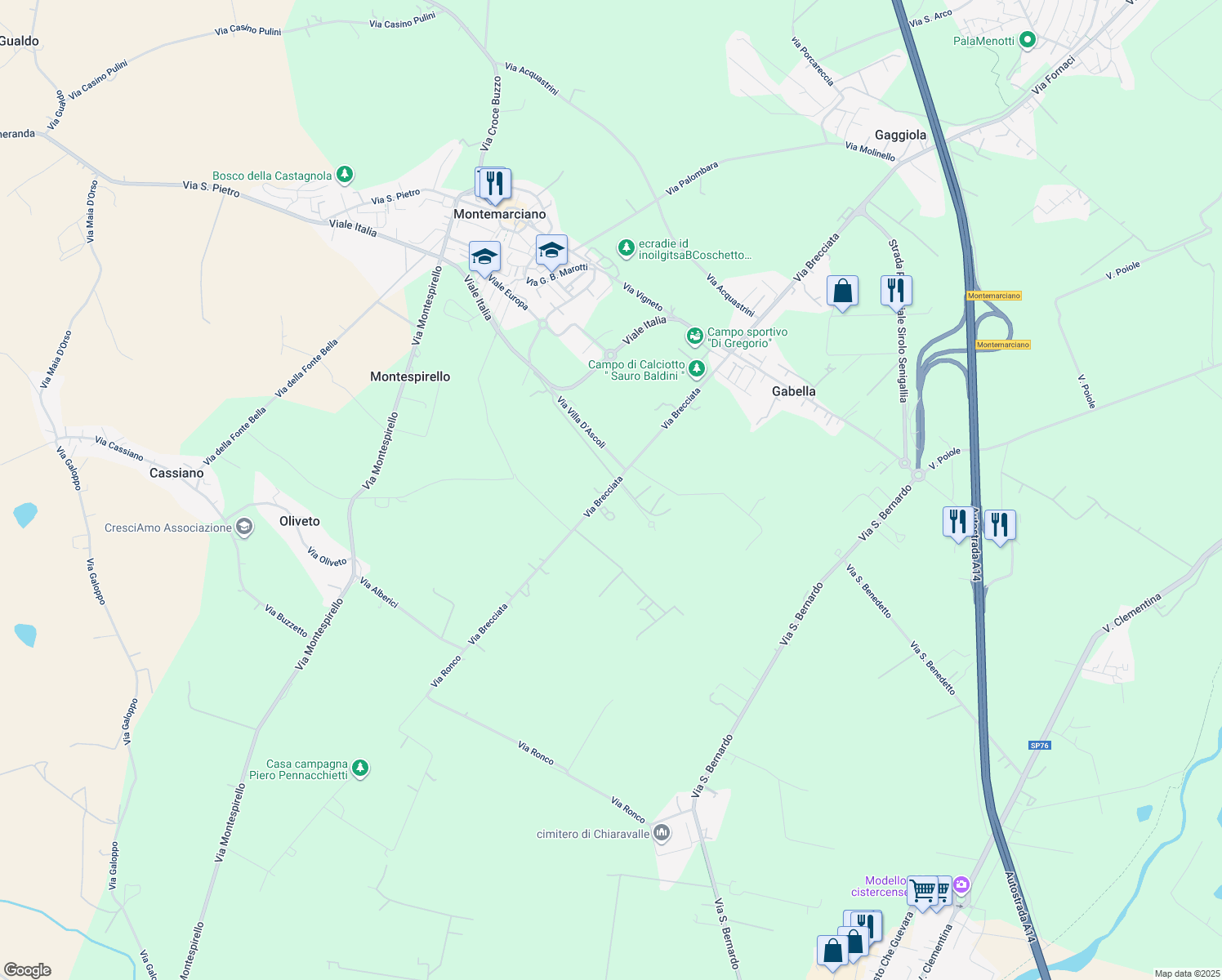 map of restaurants, bars, coffee shops, grocery stores, and more near 13 Via Brecciata in Provincia di Ancona
