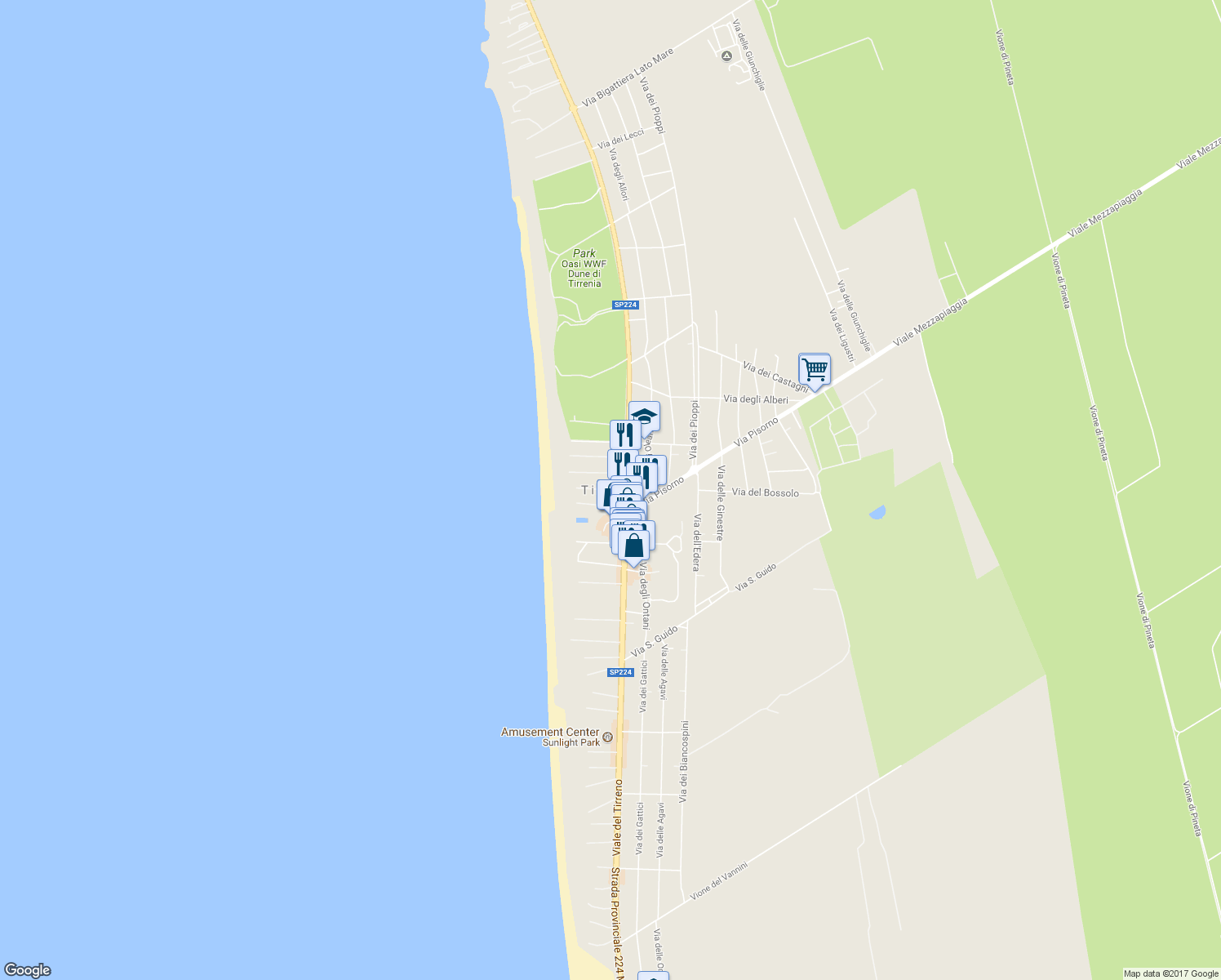 map of restaurants, bars, coffee shops, grocery stores, and more near 20 Viale del Tirreno in Marina di Pisa-tirrenia-calambr