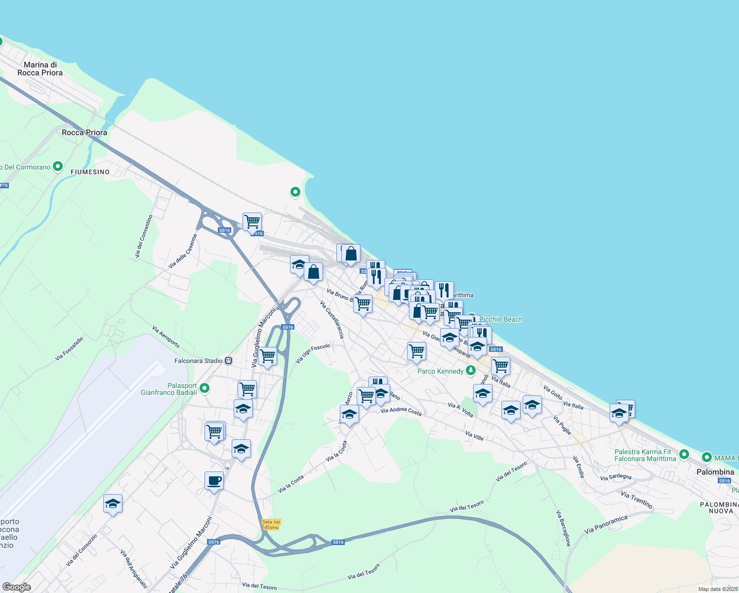 map of restaurants, bars, coffee shops, grocery stores, and more near 29 Via Marsala in Falconara Marittima
