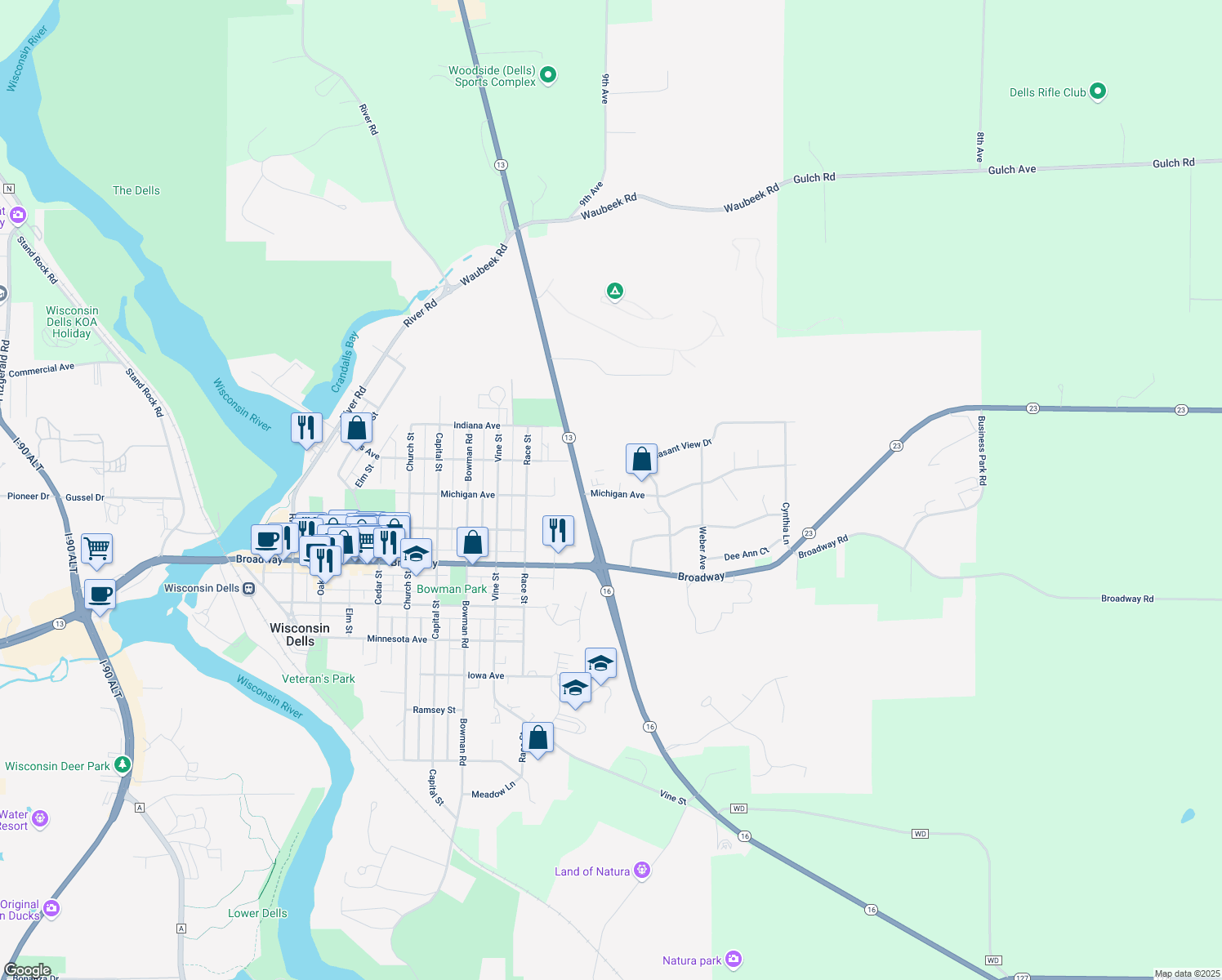 map of restaurants, bars, coffee shops, grocery stores, and more near 1325 Michigan Avenue in Wisconsin Dells
