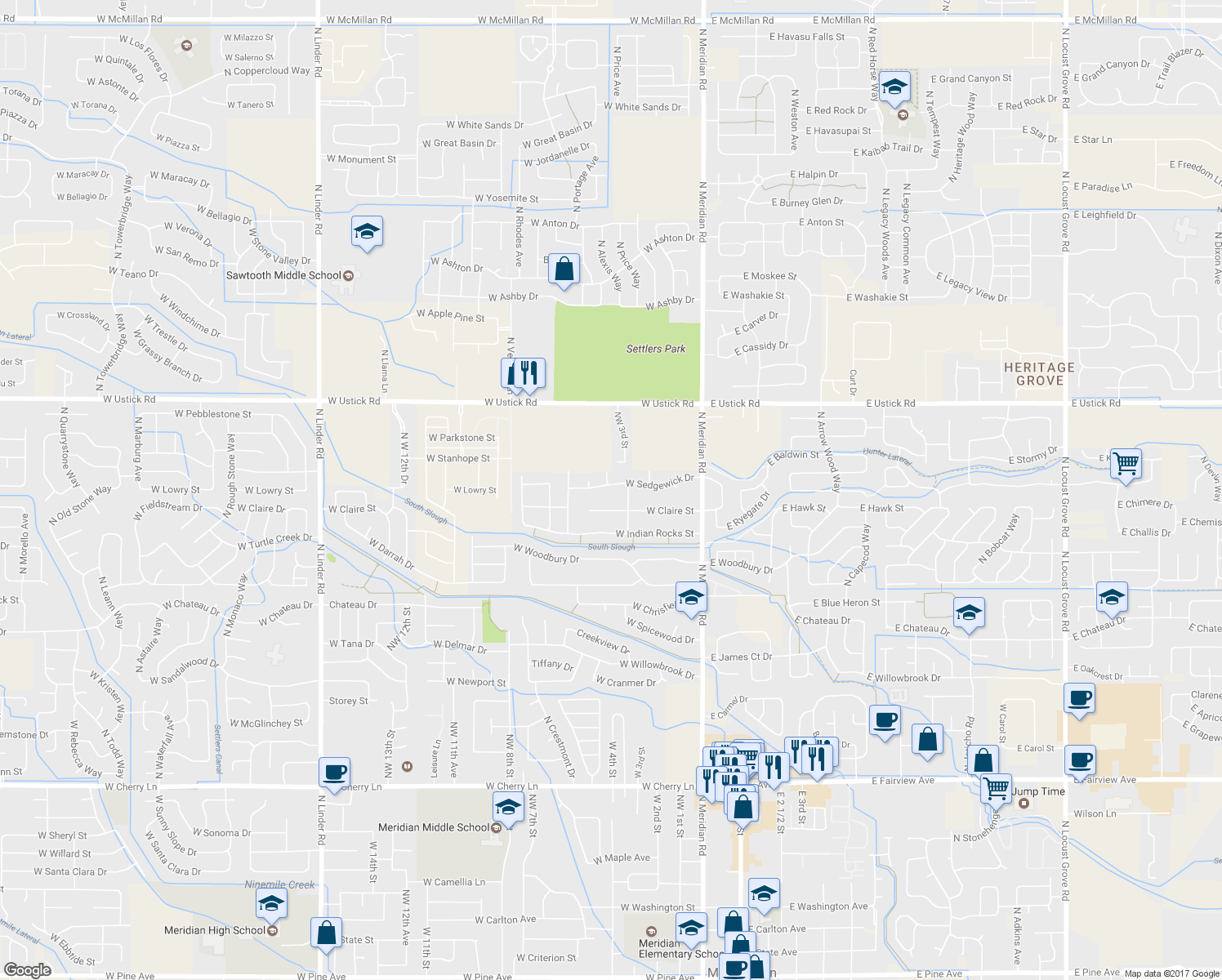 map of restaurants, bars, coffee shops, grocery stores, and more near 377 West Sedgewick Drive in Meridian